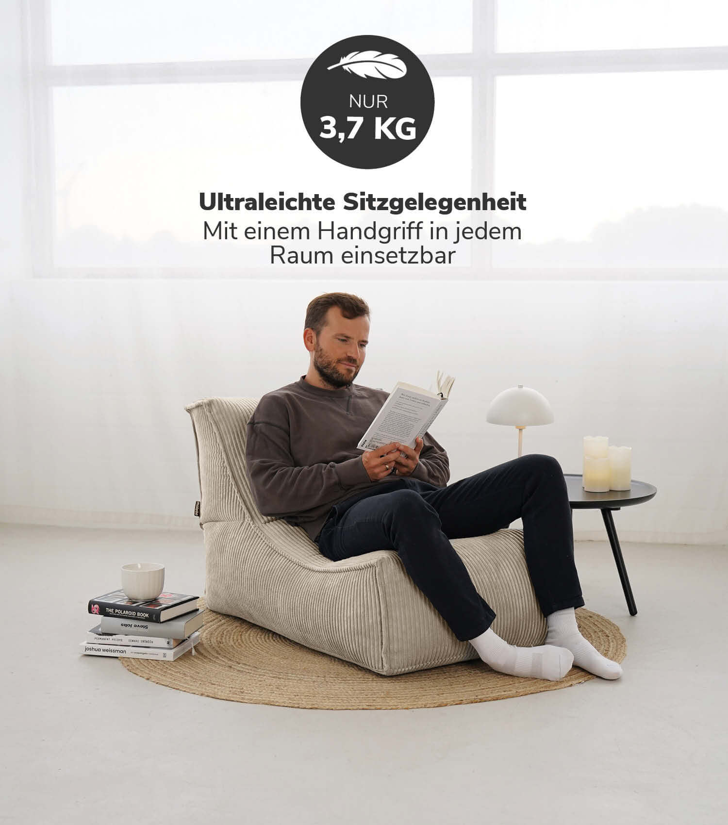 Pouf géant XXL + repose-pieds pour enfants et adultes avec remplissage 'Der Gelassene'