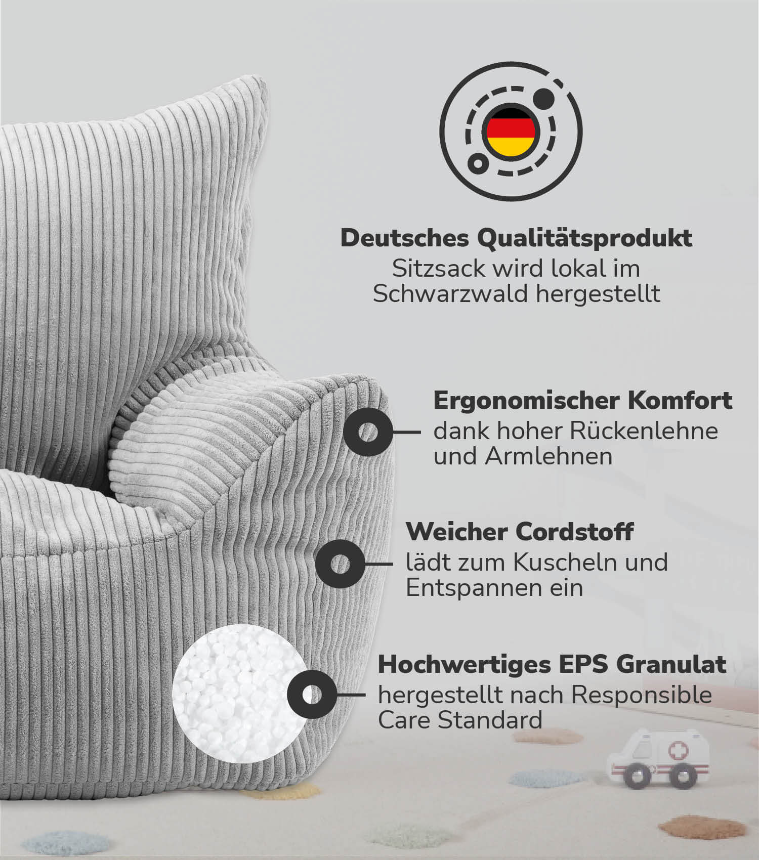 Fauteuil enfant en velours côtelé gris, pouf de sol pour enfant, coussin de sol, sac de siège enfant pour intérieur et extérieur