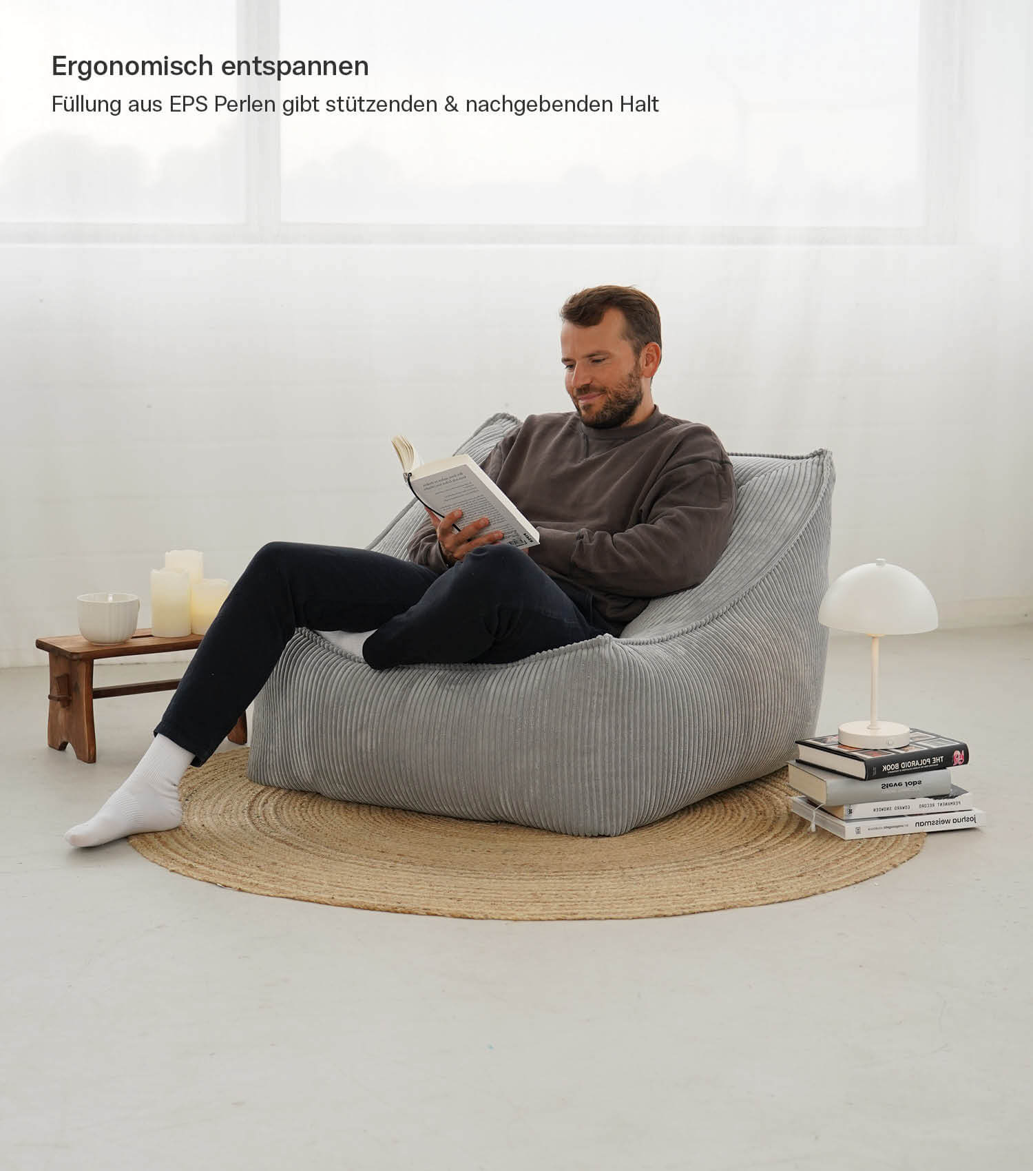 Fauteuil Cord XXL sac à billes avec accoudoirs, coloris gris