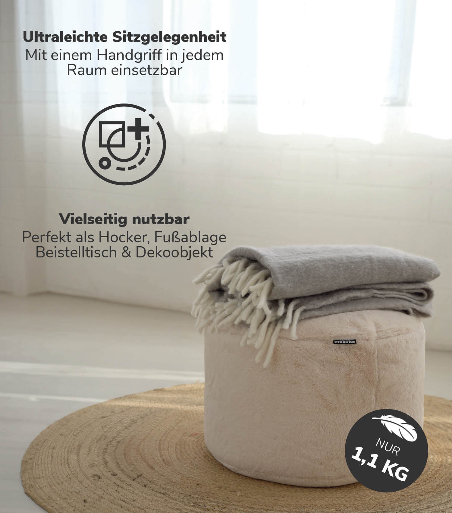 Pouf de rangement multifonction en tissu naturel