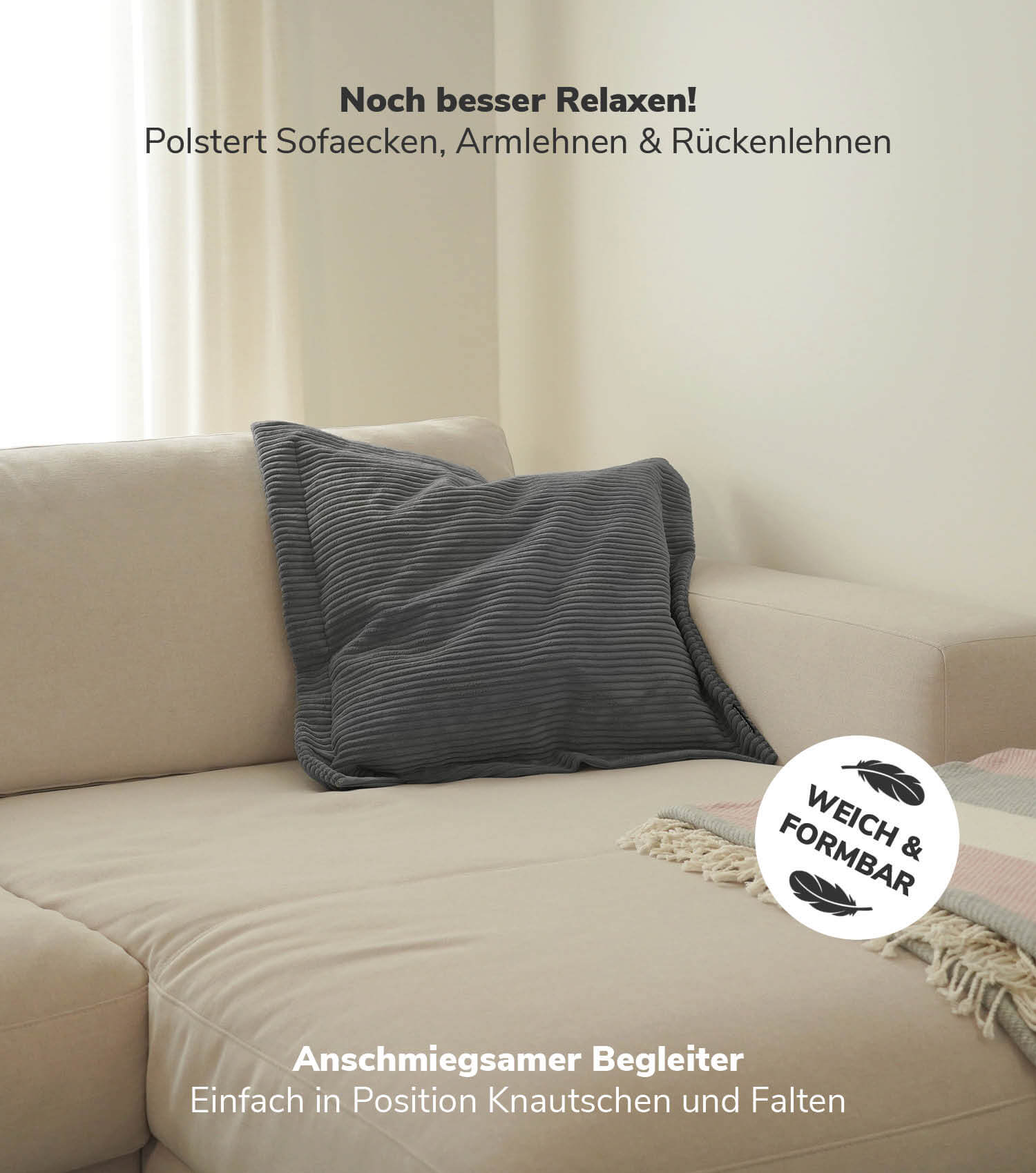 Coussin de canapé décoratif en velours côtelé, couleur anthracite