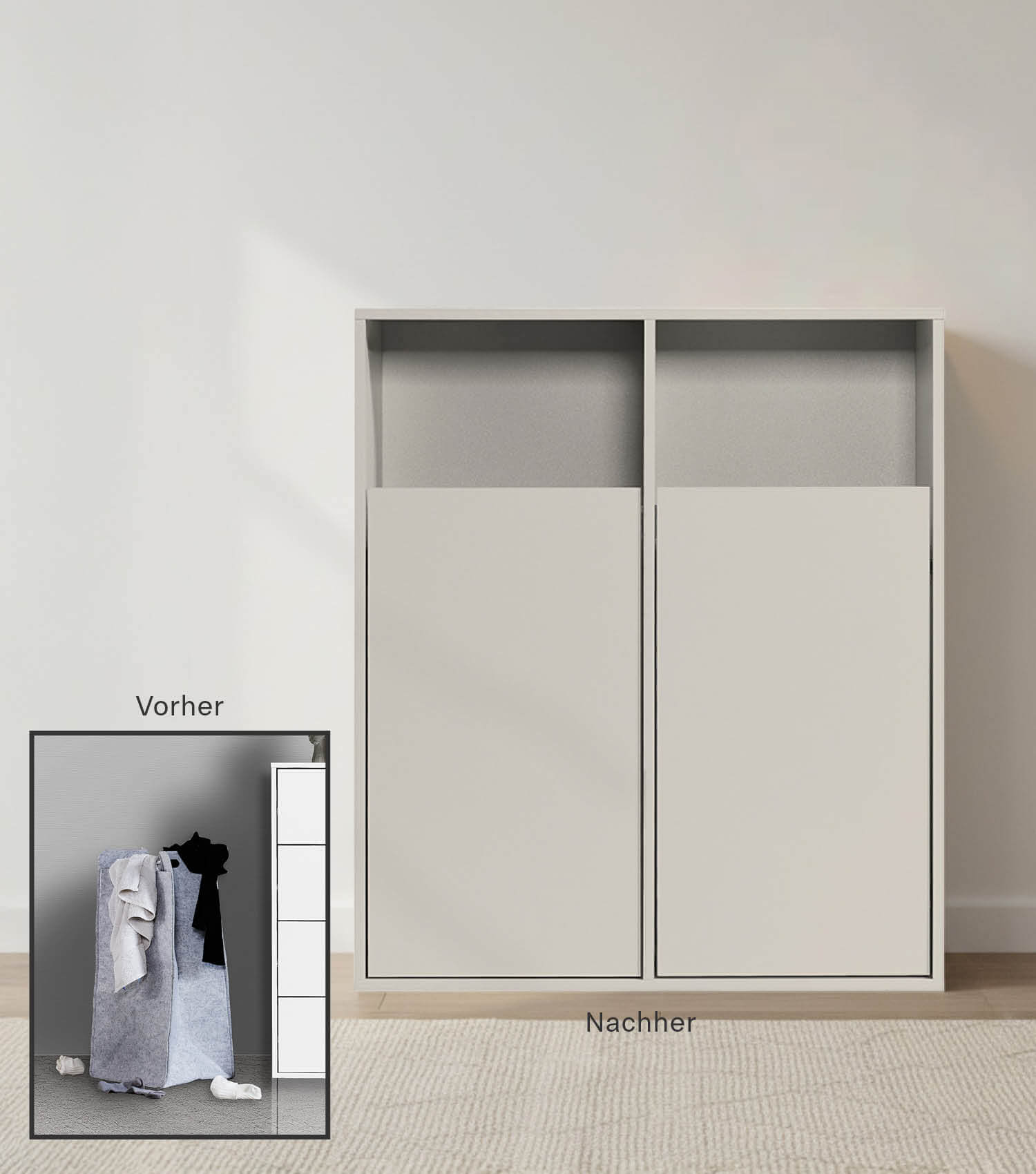 Panier à linge en bois avec séparations pour tri du linge, modèle Wäscheschrank
