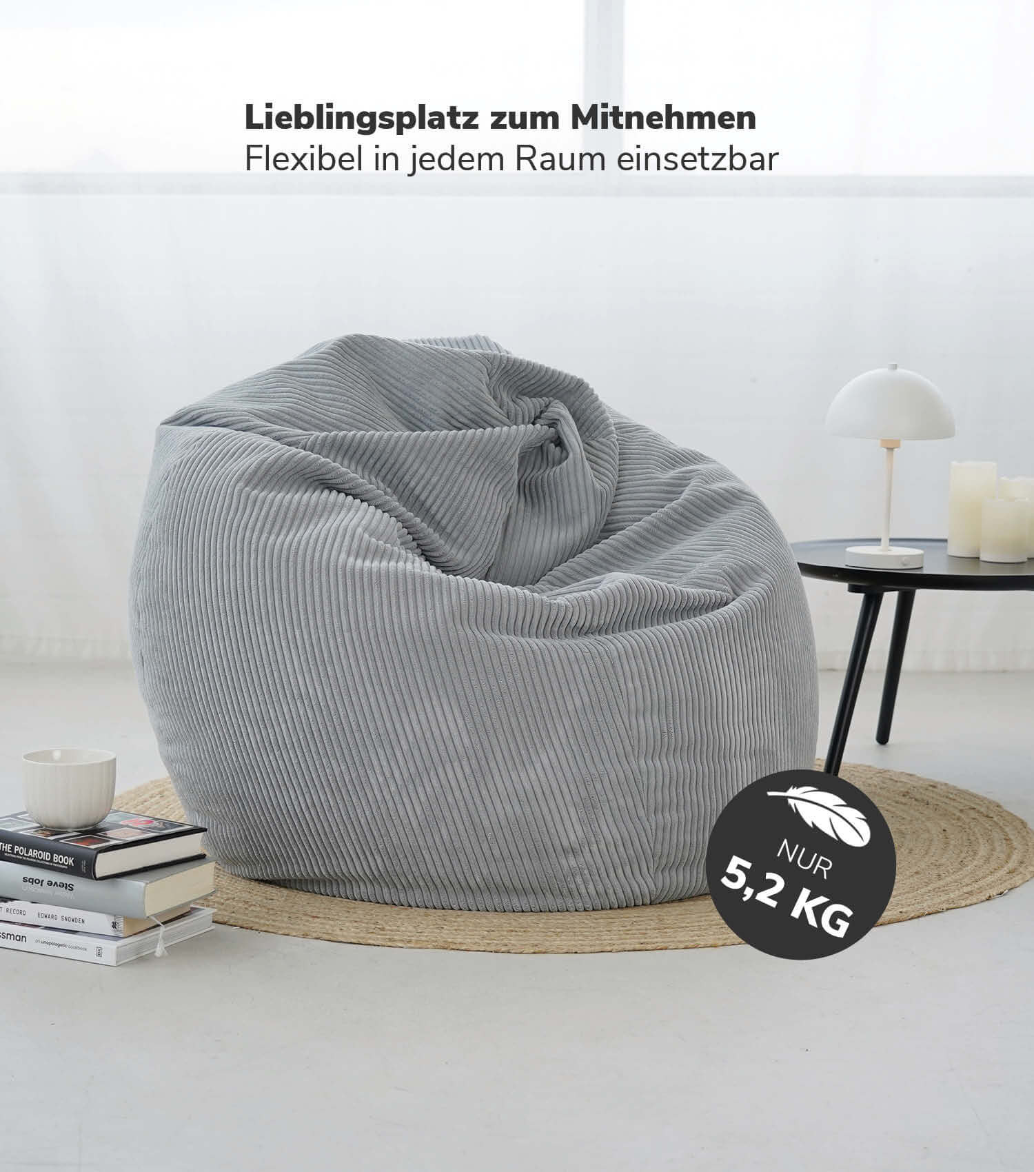 Pouf poire en velours côtelé gris, coussin de sol confortable