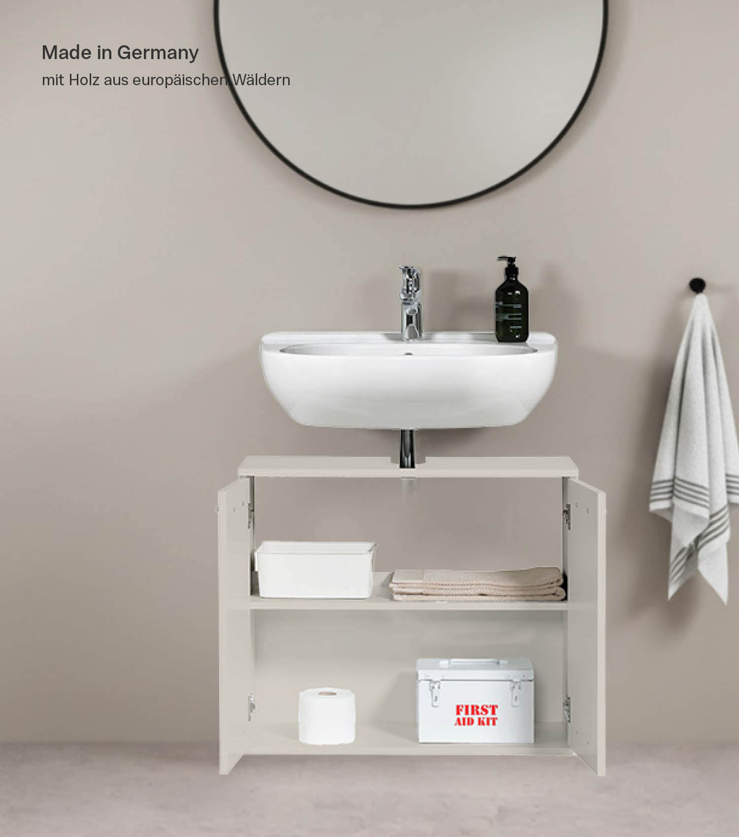 Meuble sous-lavabo blanc avec portes et tiroirs, style moderne minimaliste