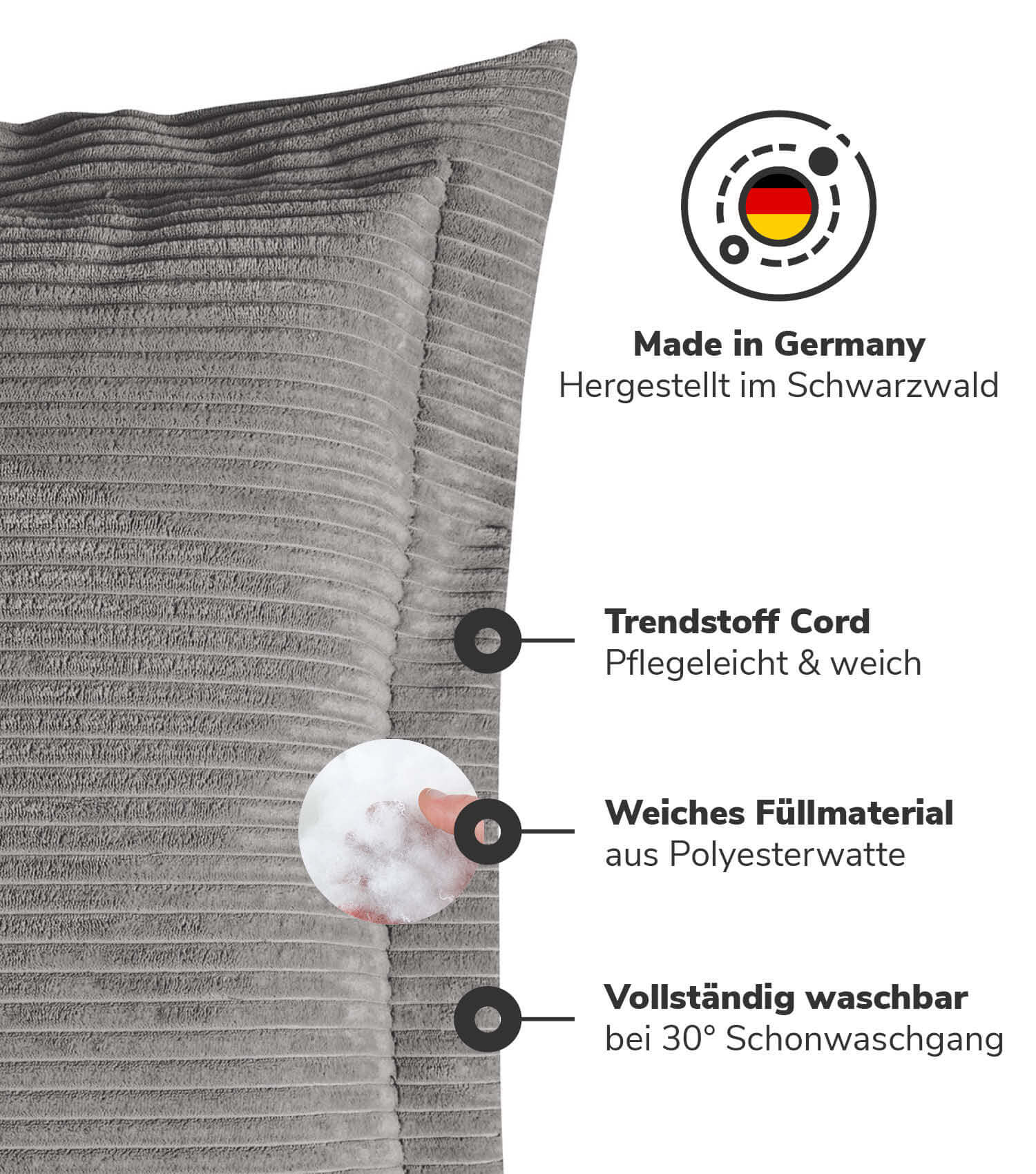 Coussin de canapé décoratif en velours côtelé, coloris anthracite