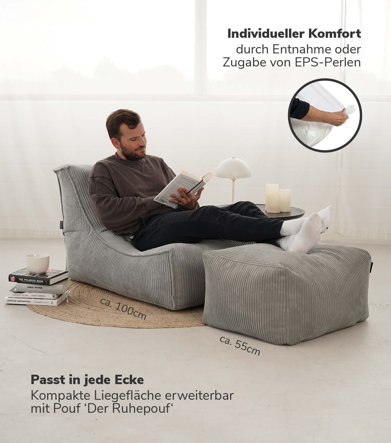 Pouf géant XXL + repose-pieds pour enfants et adultes avec remplissage 'Der Gelassene'