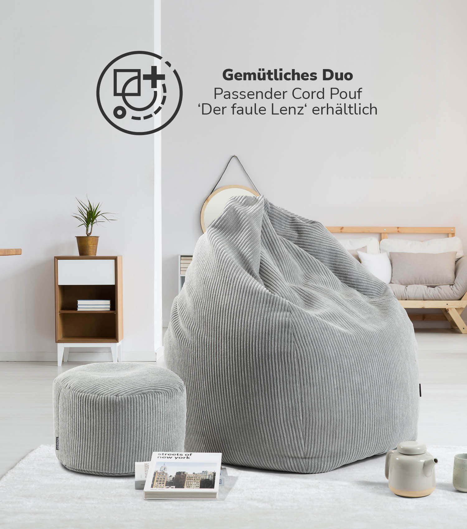 Pouf poire en velours côtelé gris, coussin de sol confortable