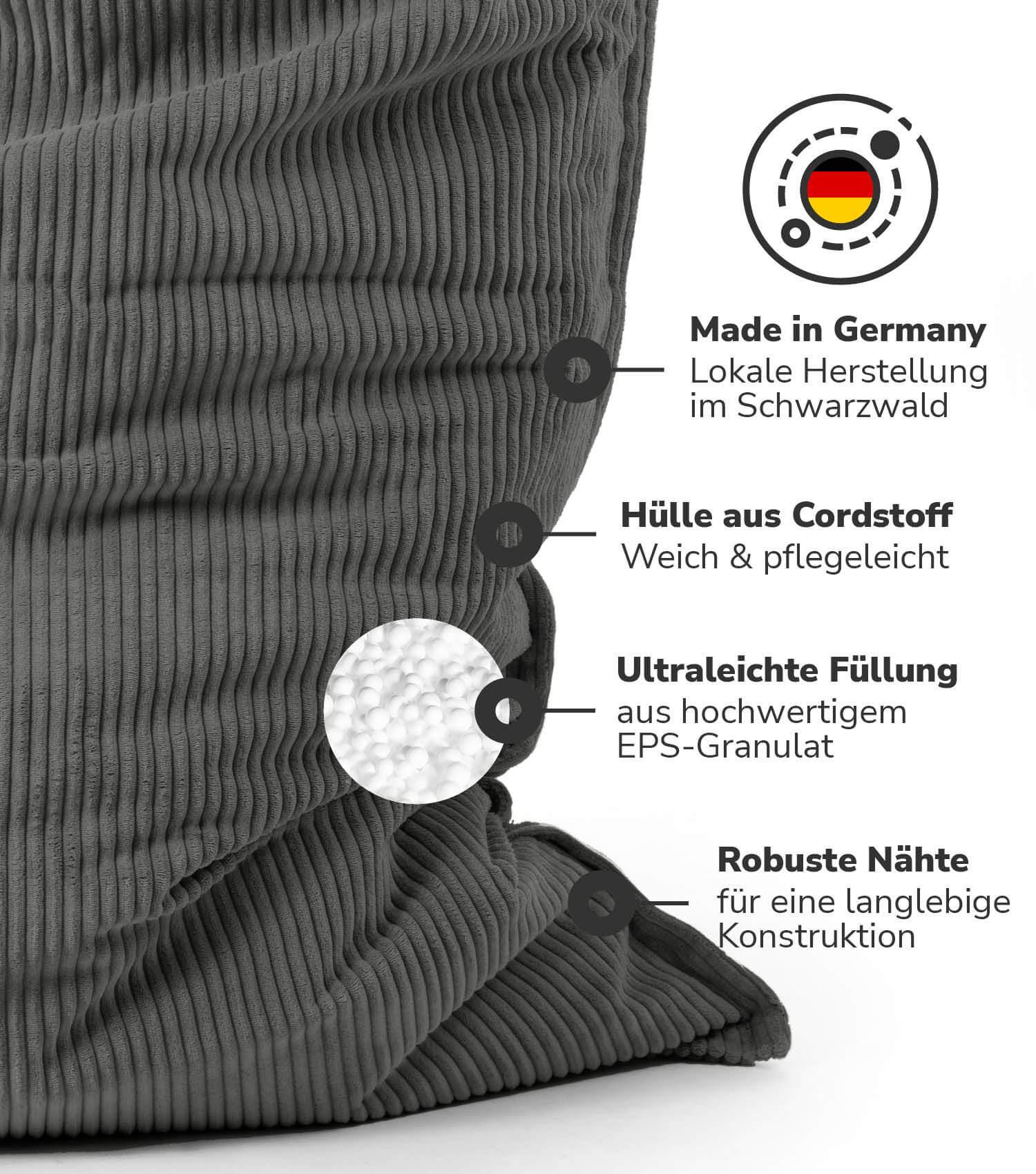Pouf géant XXL avec housse en velours côtelé, bean bag rembourré, coussin de sol