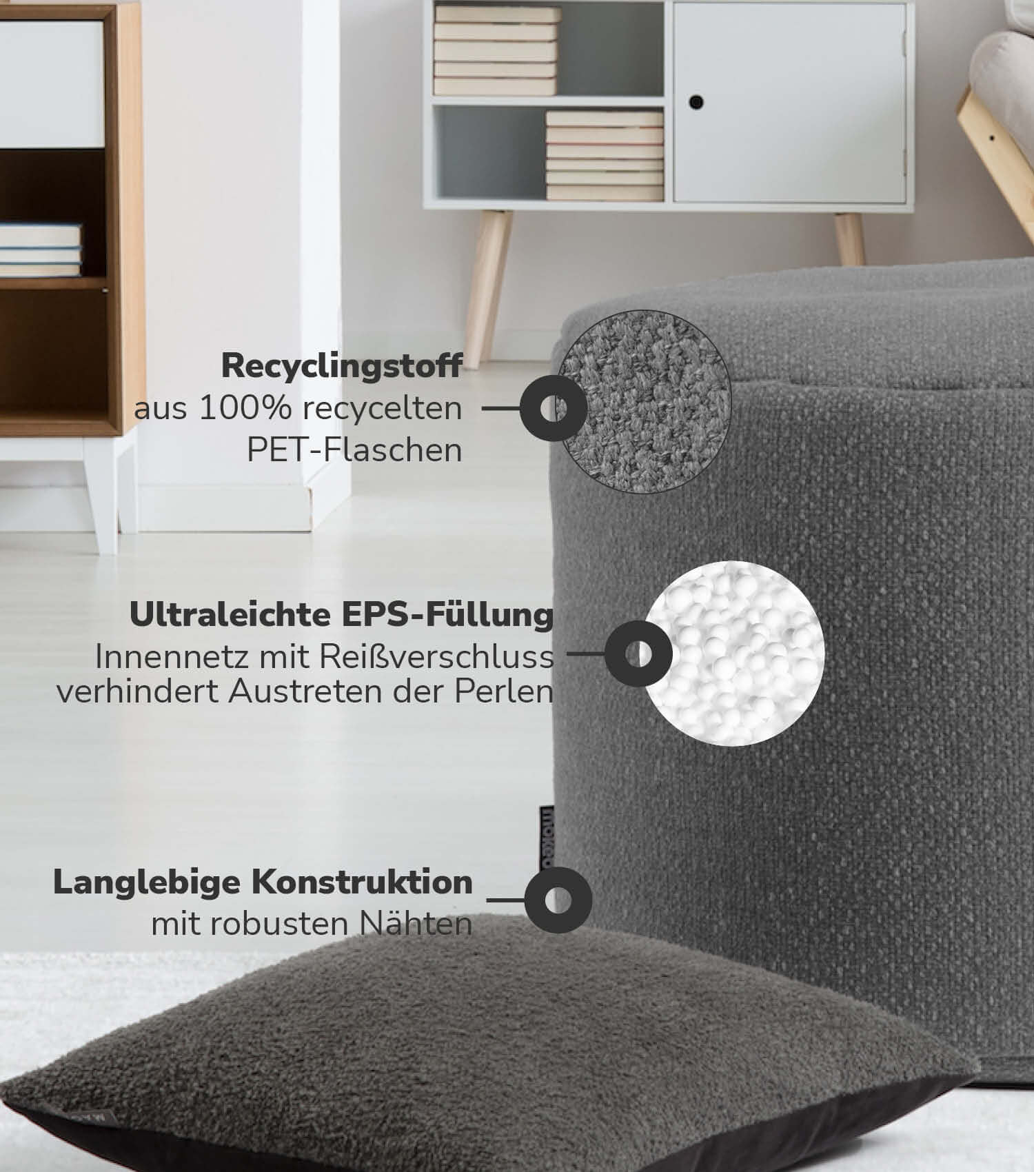 Pouf intérieur rond repose-pieds coussin de sol 'Der Ruhepouf' gris