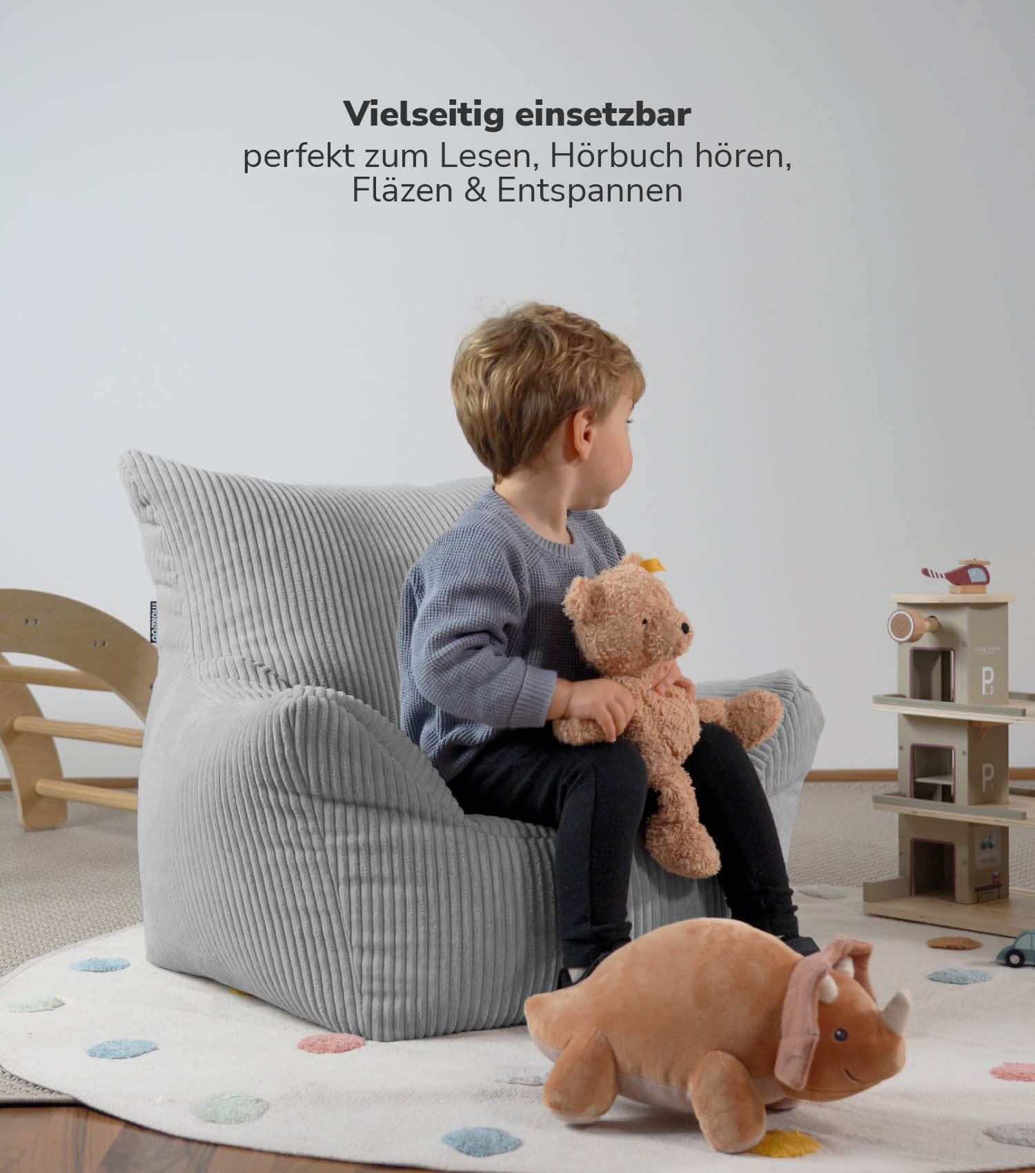 Fauteuil enfant en velours côtelé gris, pouf de sol pour enfant, coussin de sol, sac de siège enfant pour intérieur et extérieur