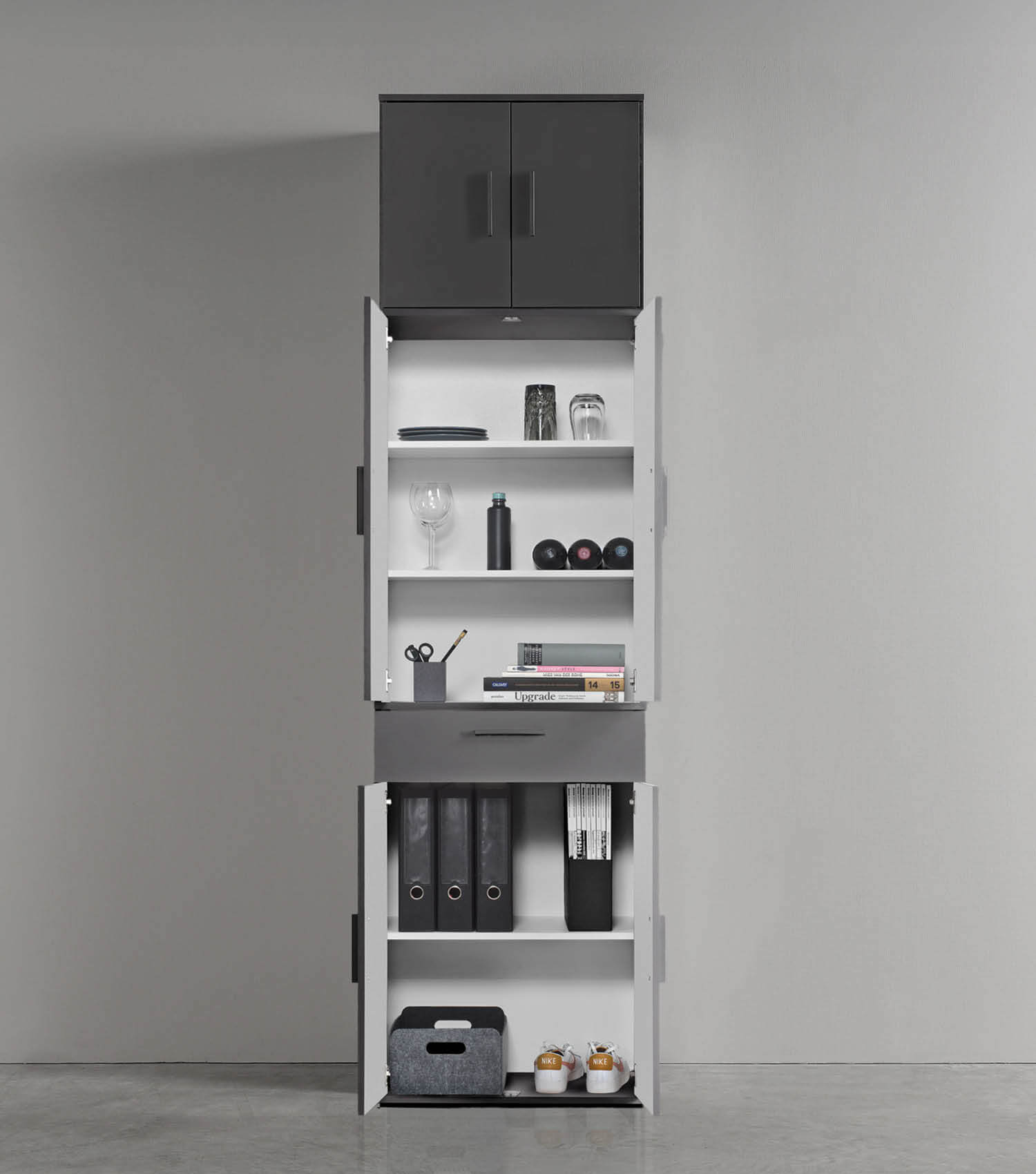 Armoire multi-usages haute, meuble à chaussures, armoire polyvalente couloir