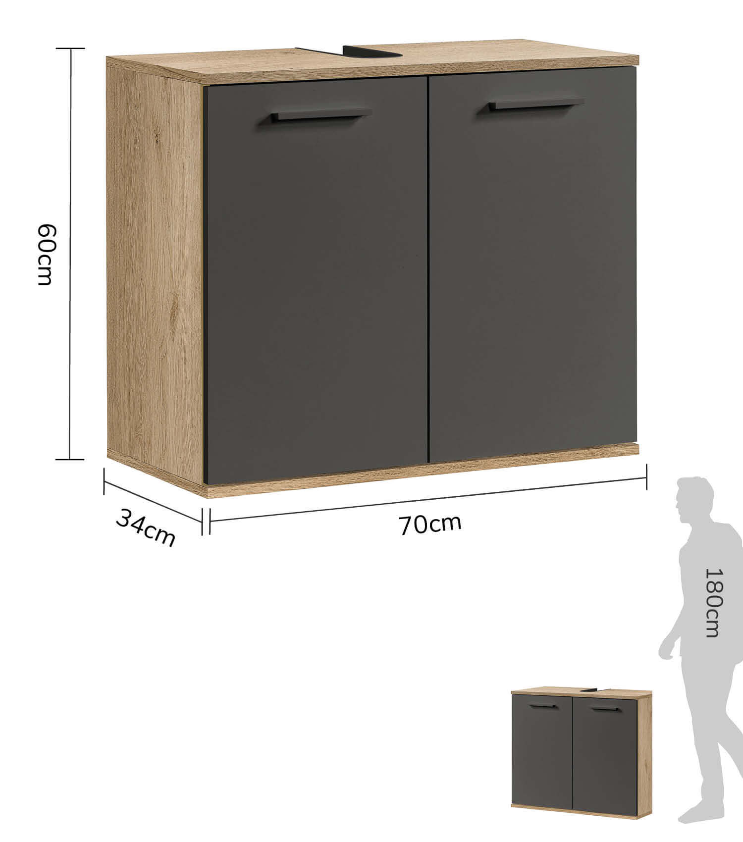 Meuble sous-lavabo blanc, vasque bois clair, salle de bain
