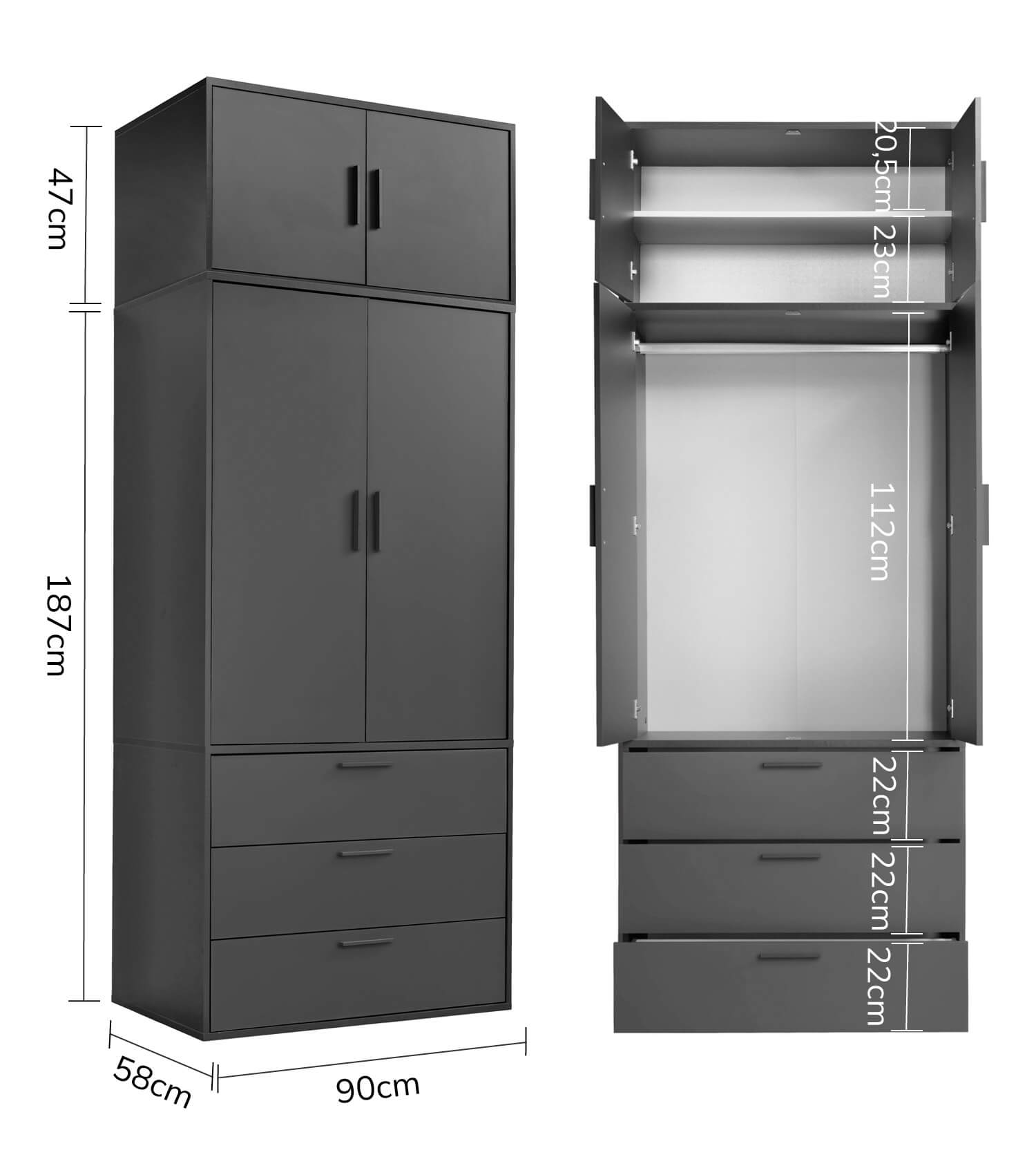 Armoire penderie chambre à coucher chêne anthracite