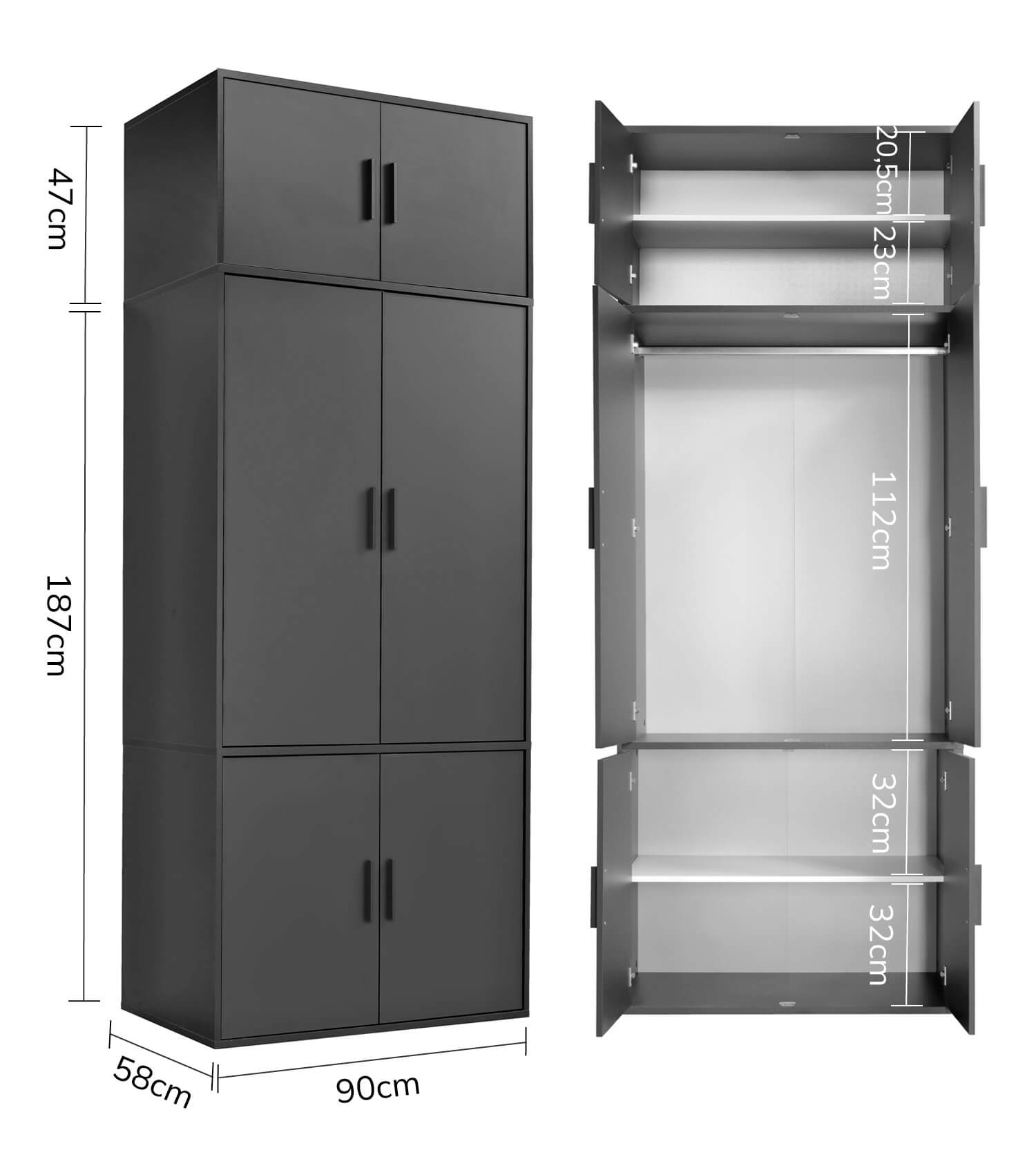 Armoire de chambre, penderie, meuble de rangement, coloris anthracite
