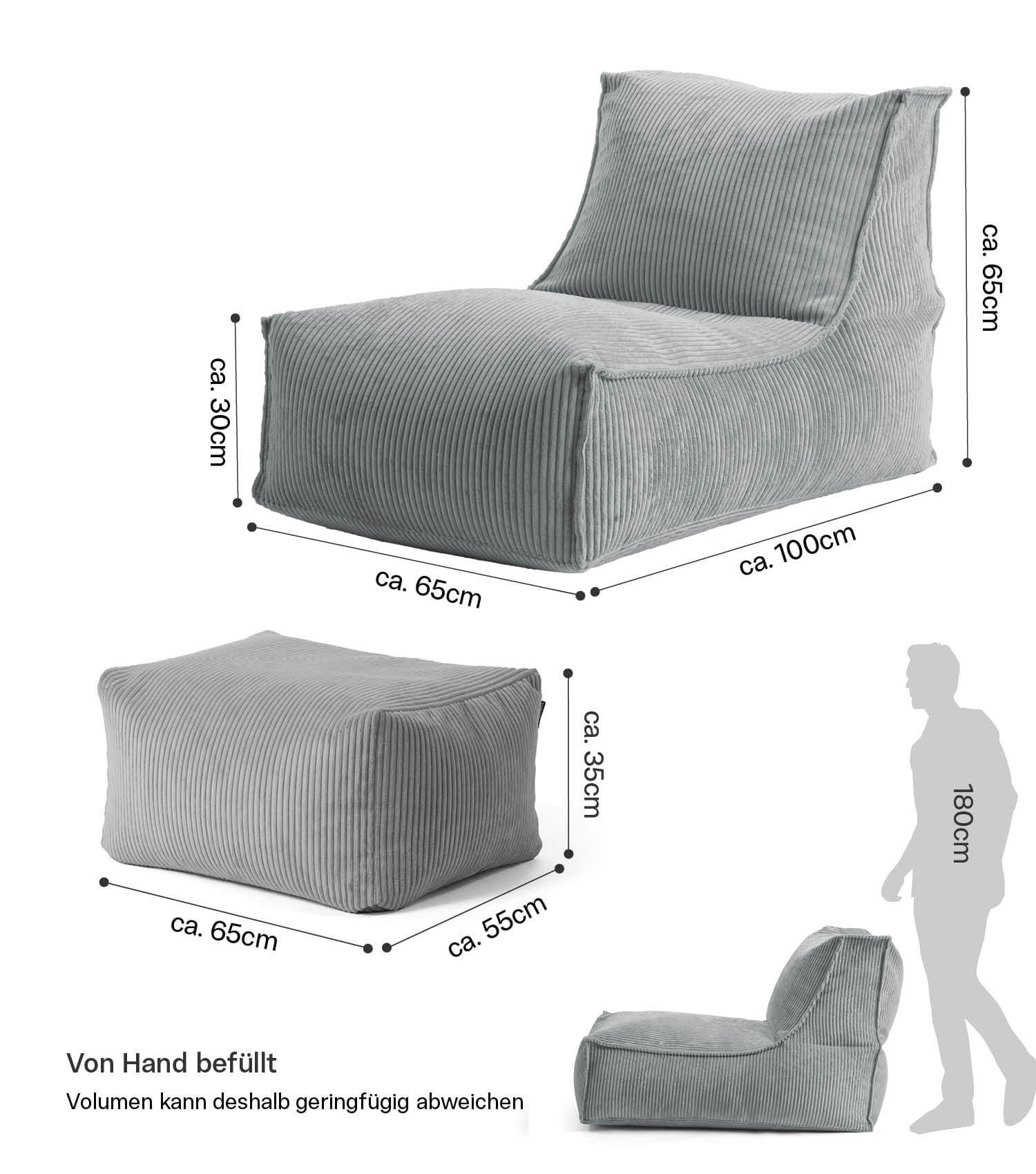 Pouf géant XXL + repose-pieds pour enfants et adultes avec remplissage 'Der Gelassene'