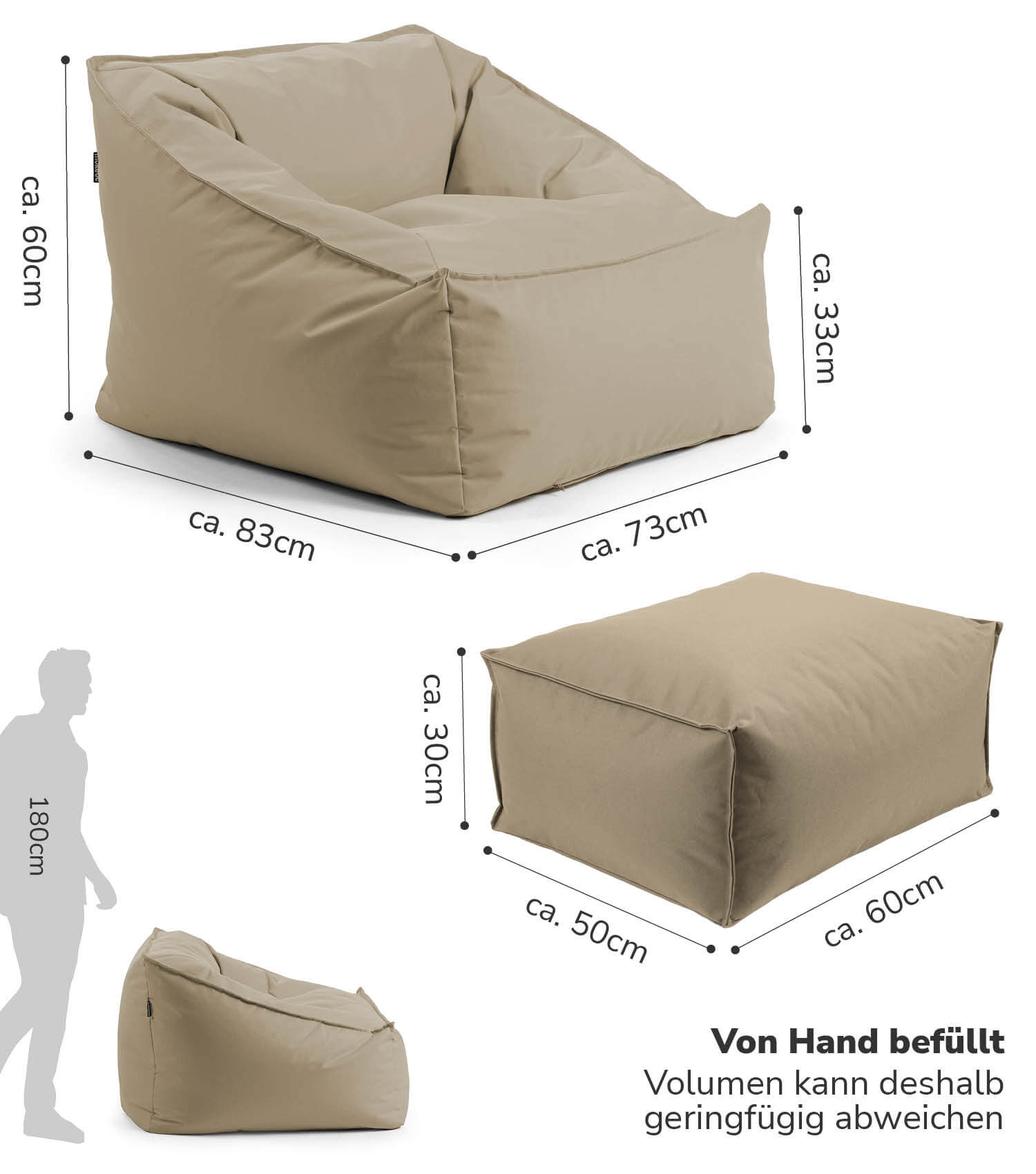 Pouf de sol modulable bean bag en couleur khaki, vue de face