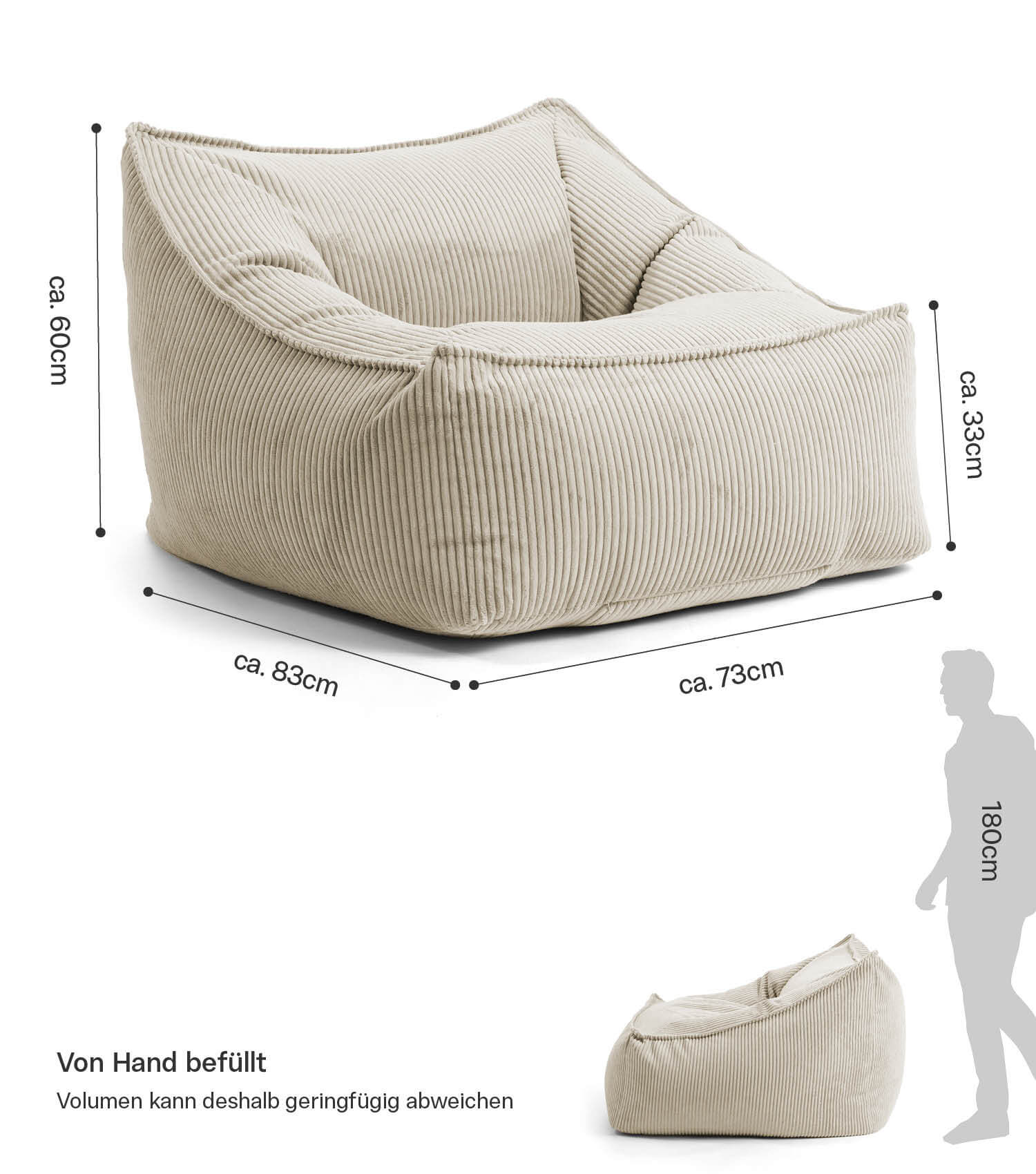 Fauteuil Cord XXL sac à haricots avec accoudoirs couleur naturelle