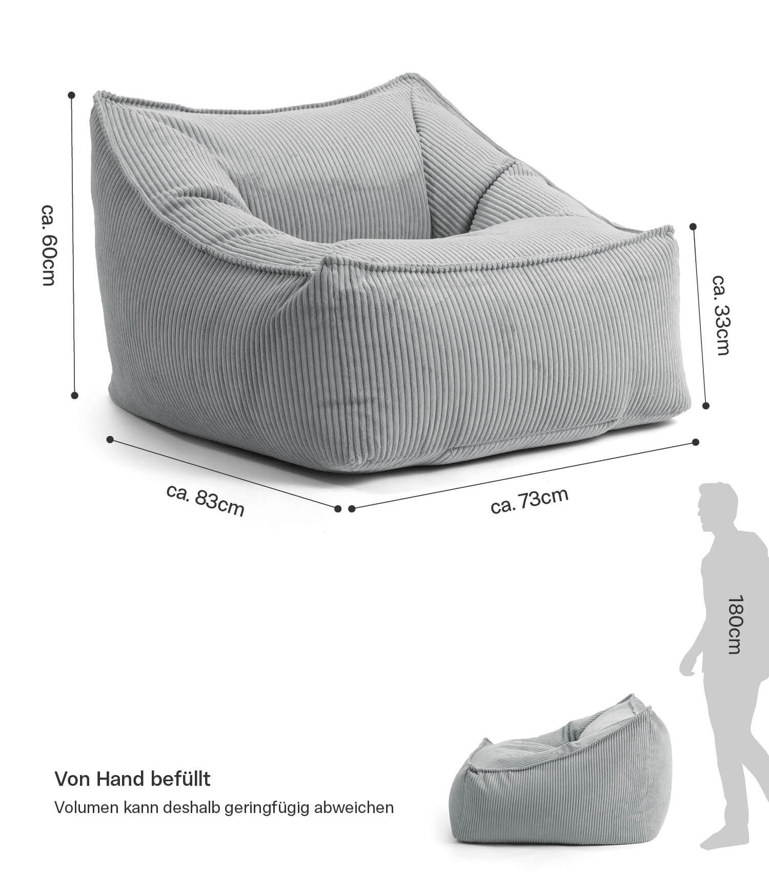 Fauteuil Cord XXL sac à billes avec accoudoirs, coloris gris