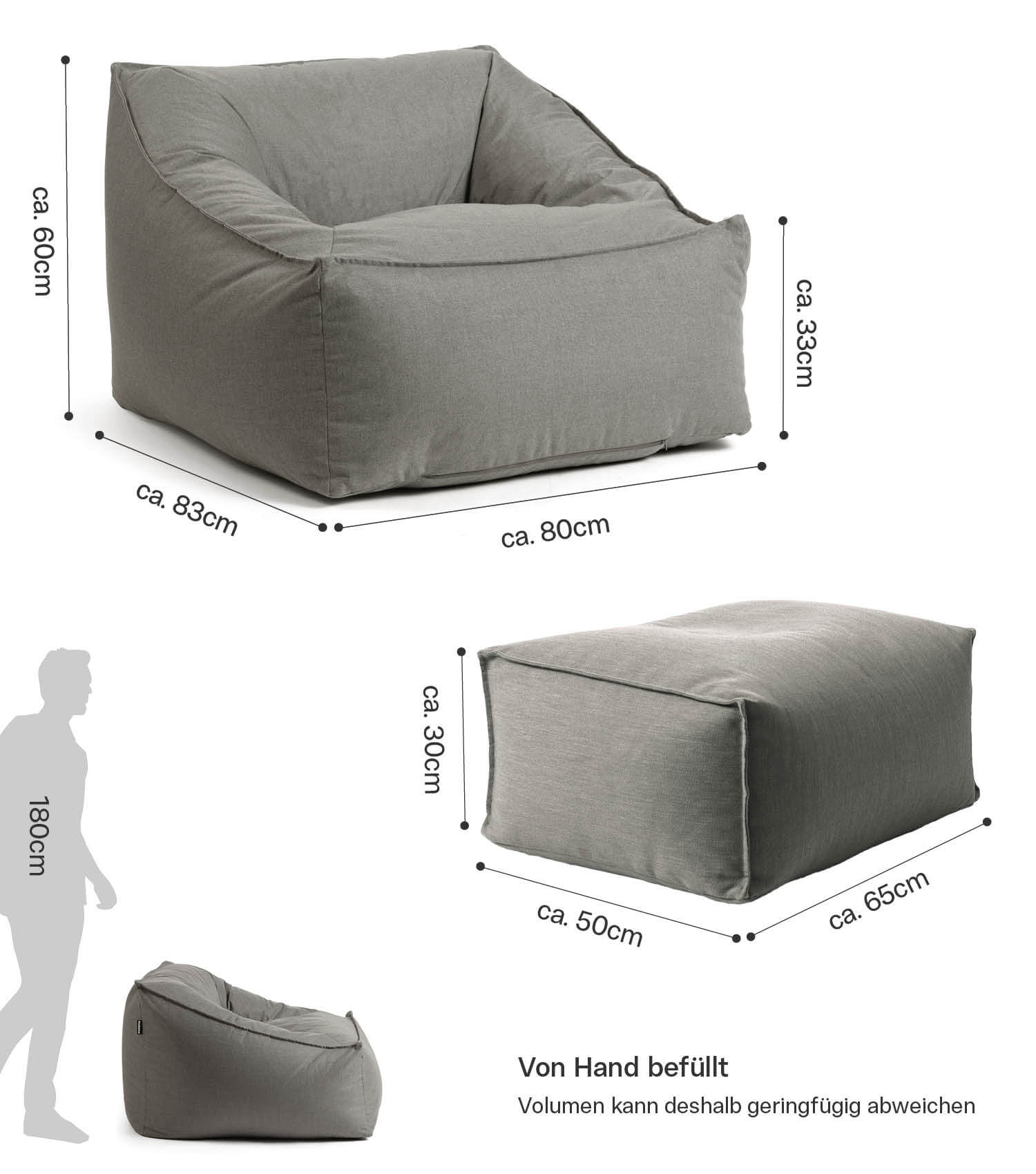 Pouf de sol rembourré Sitzbag bean bag gris clair avec housse