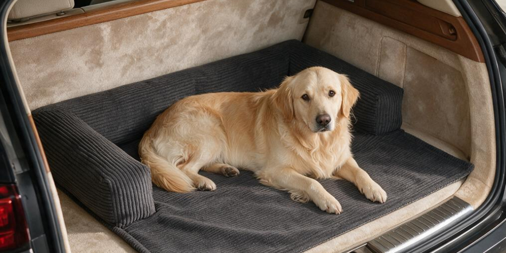 Hund liegt auf Hundedecke im geöffneten Kofferraum