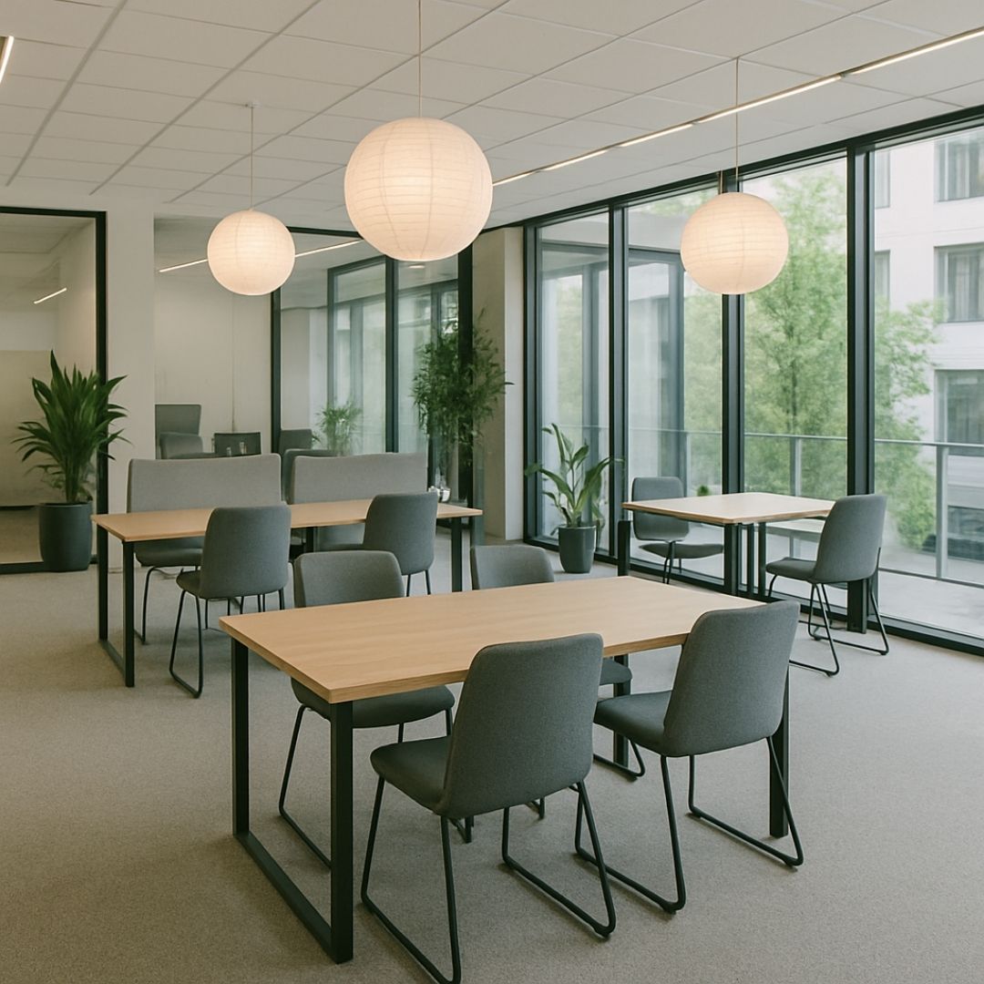 Espace de bureau avec tables en bois et chaises grises