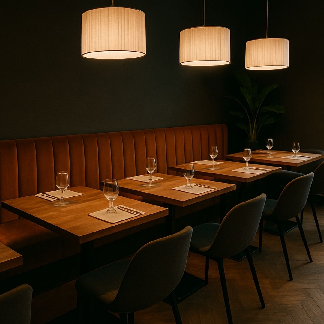 Espace restaurant avec petites tables, chaises et banc de restaurant alignés ensemble