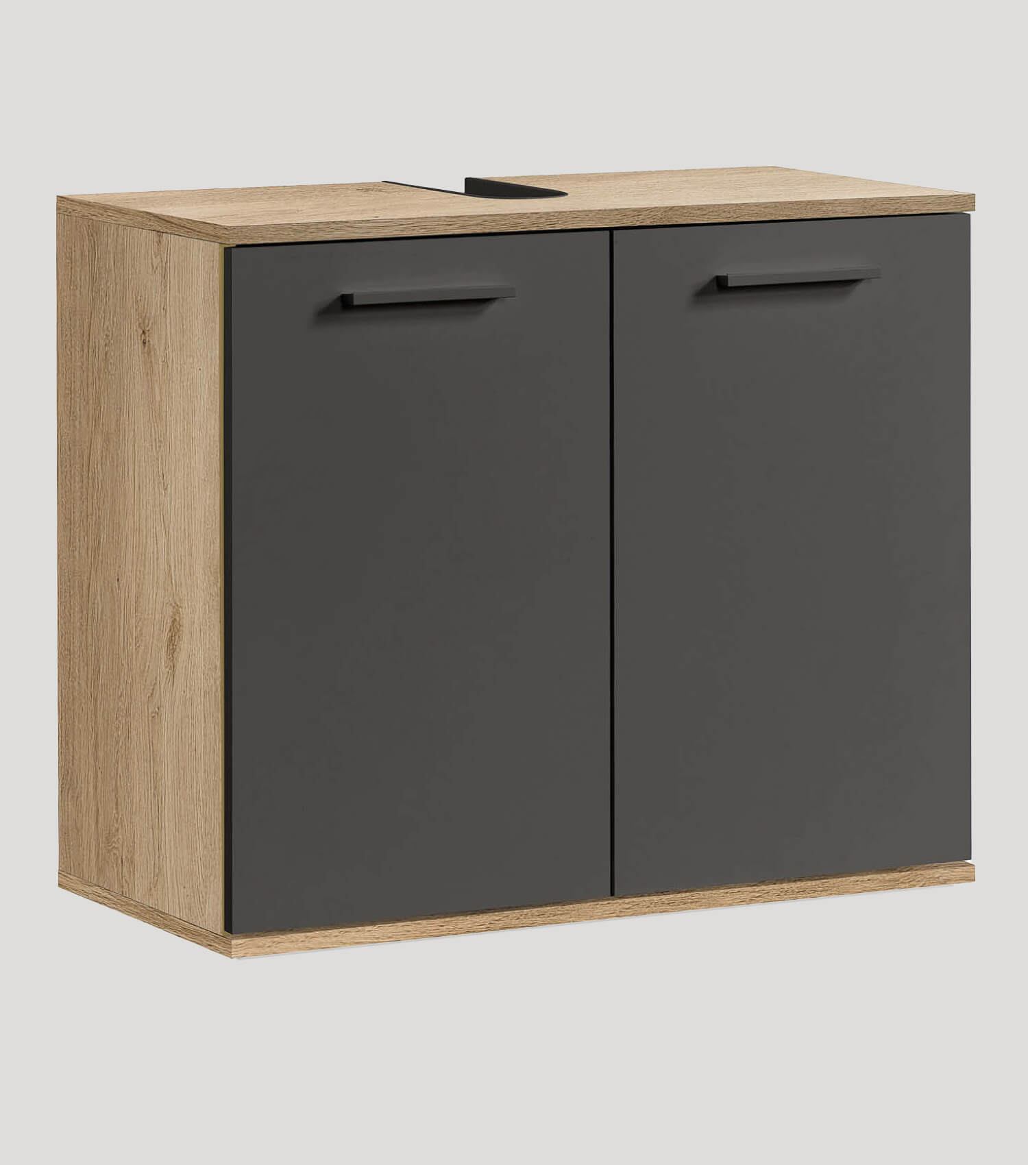 Meuble sous-lavabo blanc, vasque bois clair, salle de bain