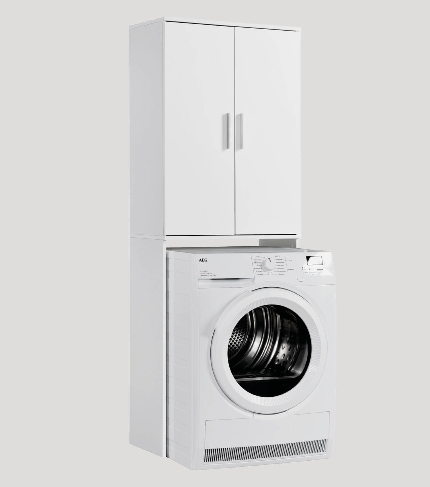 Meuble lave-linge avec surmeuble, étagère au-dessus de toilettes, rangement de salle de bain