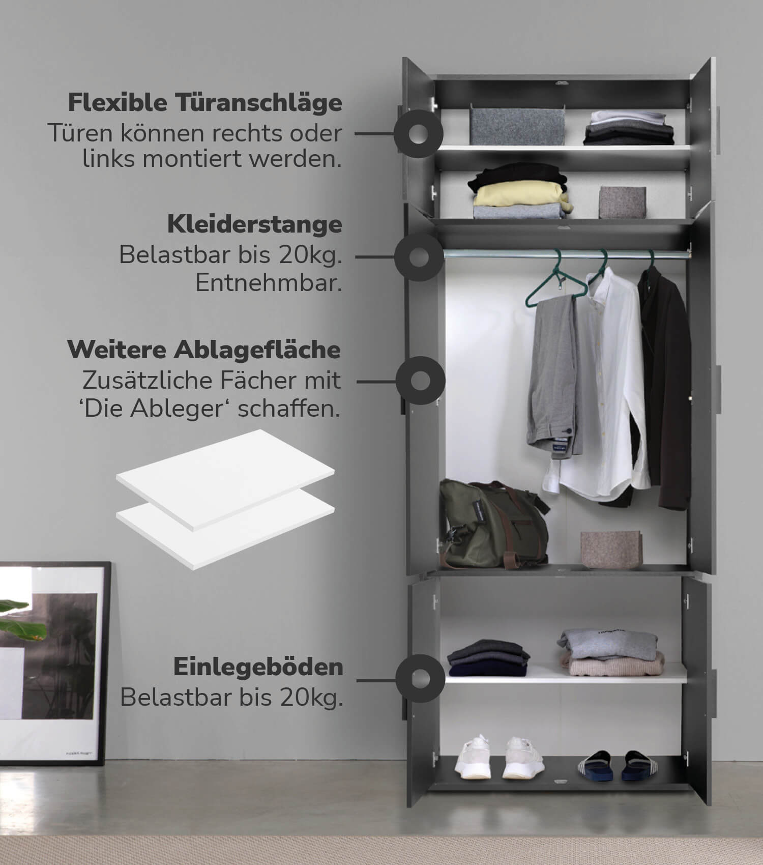 Armoire de chambre, penderie, meuble de rangement, coloris anthracite