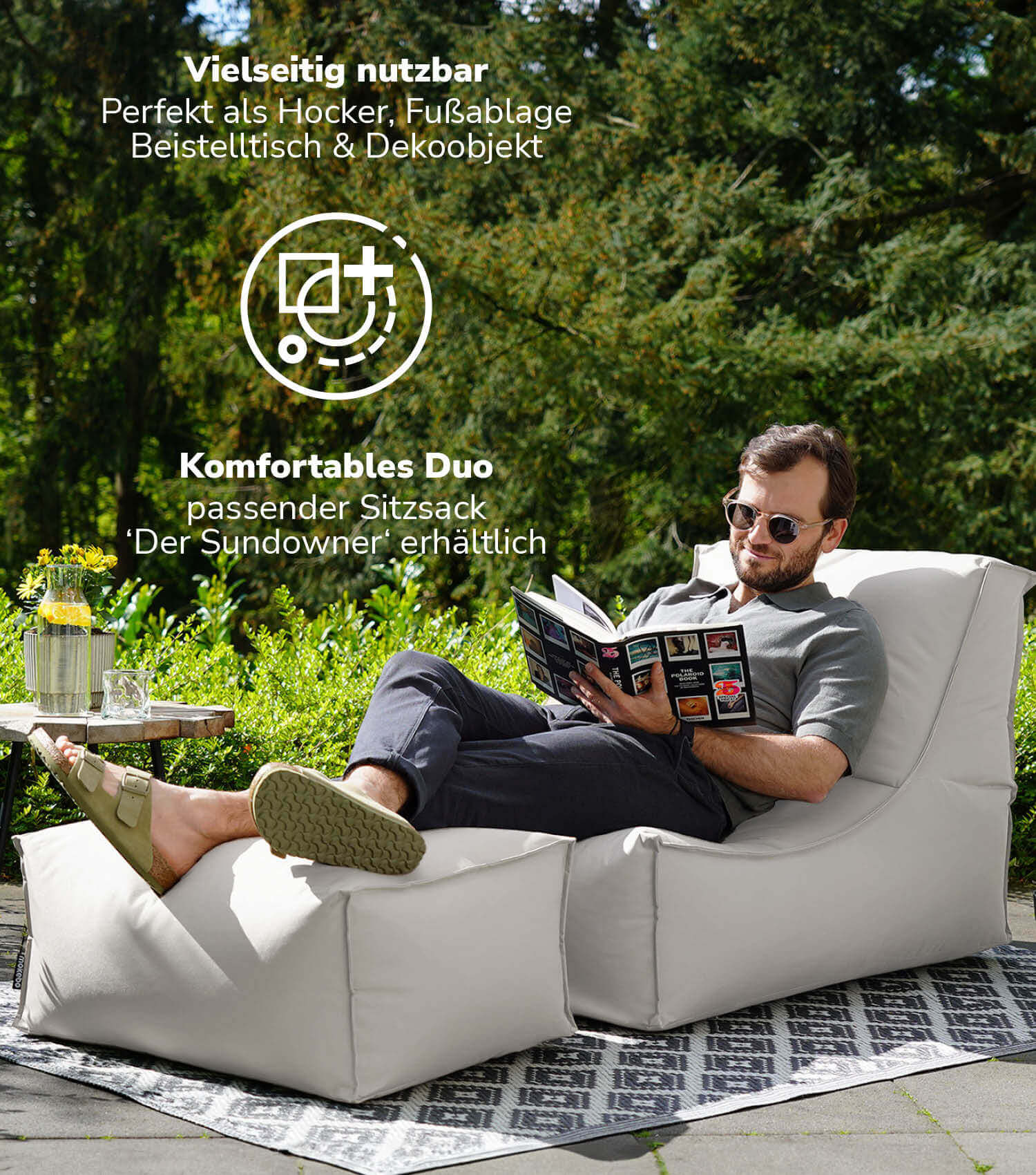 Pouf d'extérieur gris carré repose-pieds coussin de sol 'Der Ruhepouf' 