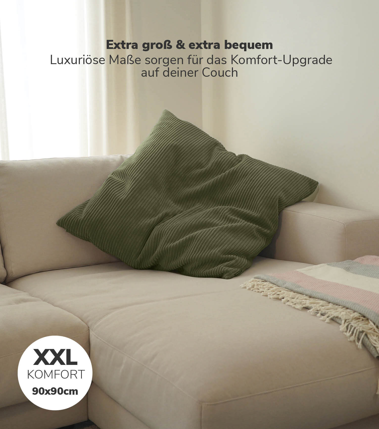 Coussin géant XXL pour canapé et dossier, couleur olive