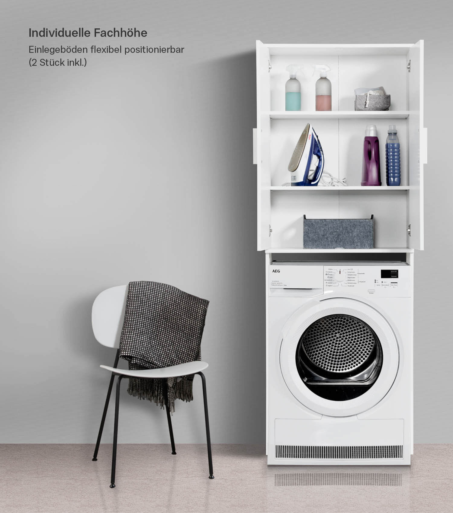 Meuble lave-linge avec surmeuble, étagère au-dessus de toilettes, rangement de salle de bain