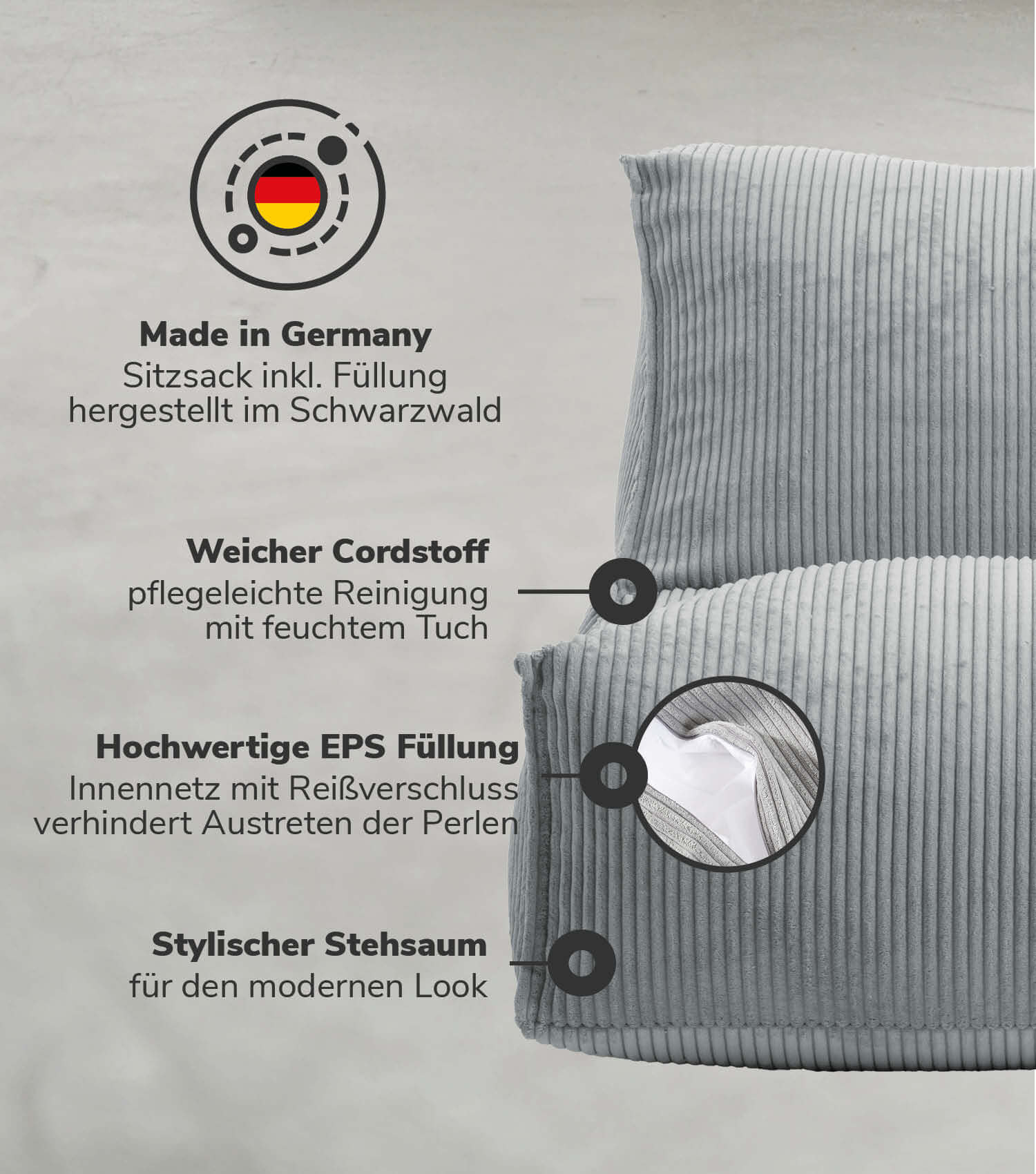 Pouf géant XXL + repose-pieds pour enfants et adultes avec remplissage 'Der Gelassene'