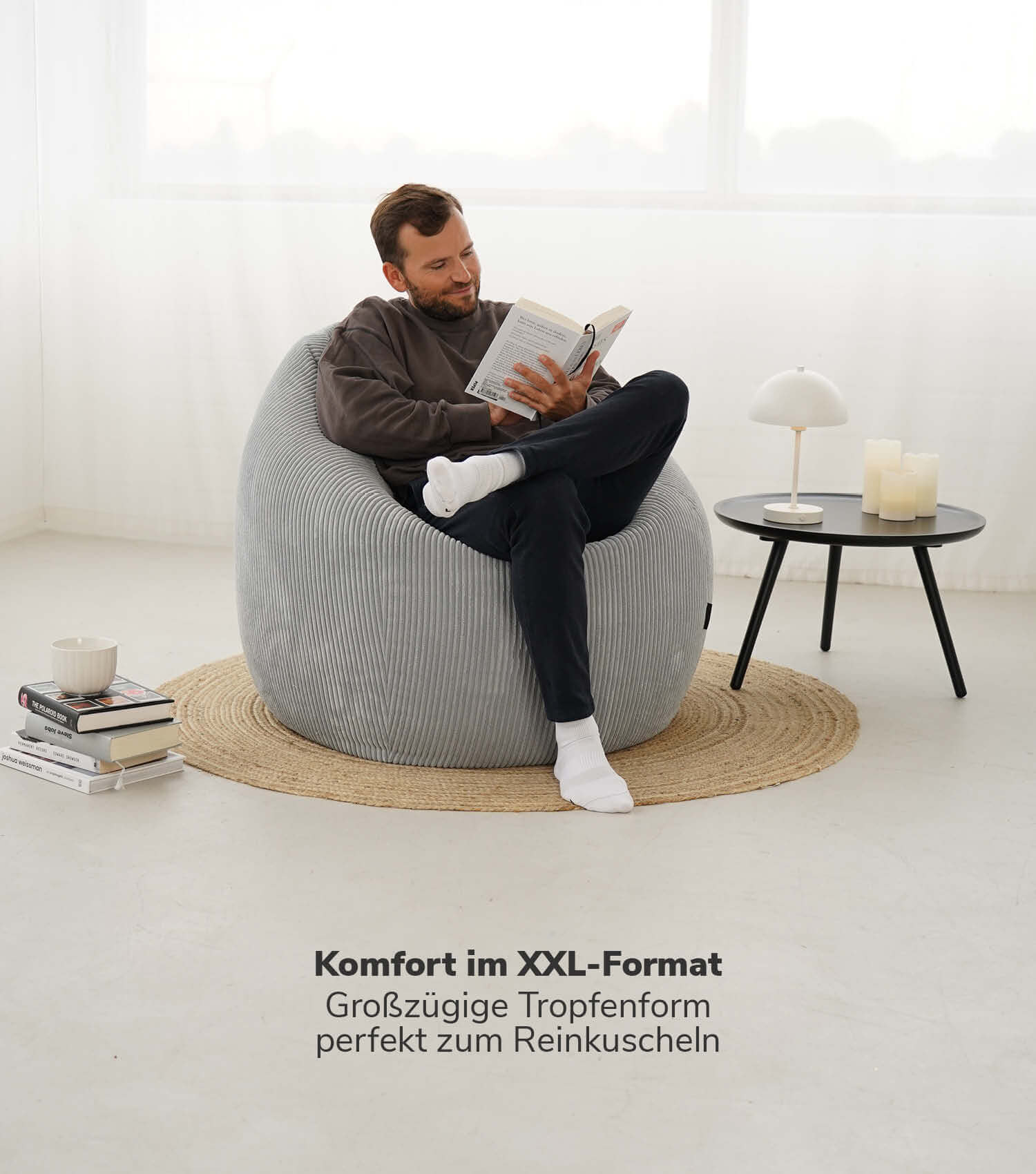 Pouf Bean Bag en velours côtelé gris, coussin de sol confortable pour enfants et adultes