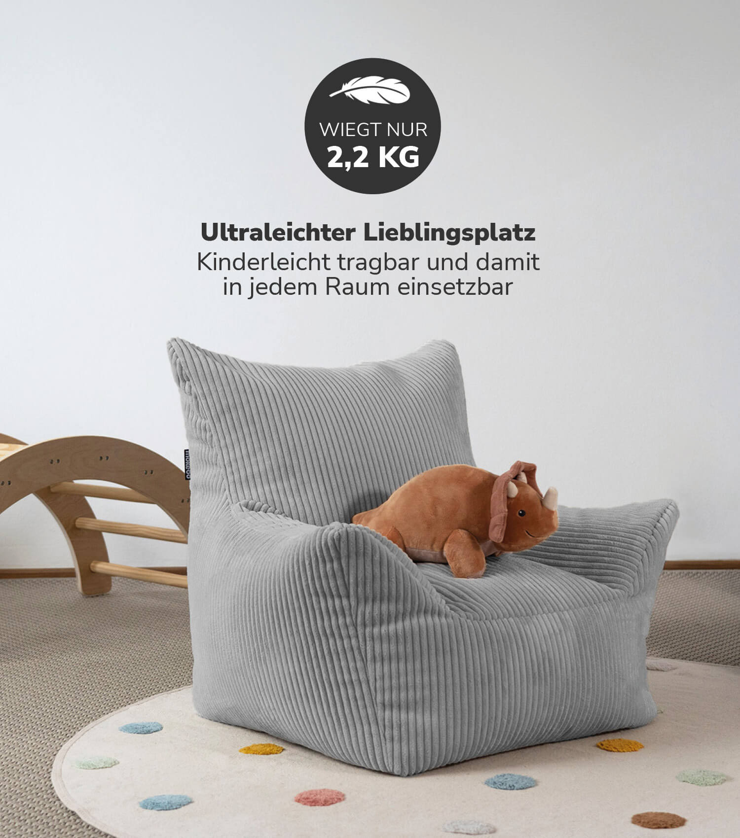 Fauteuil enfant en velours côtelé gris, pouf de sol pour enfant, coussin de sol, sac de siège enfant pour intérieur et extérieur