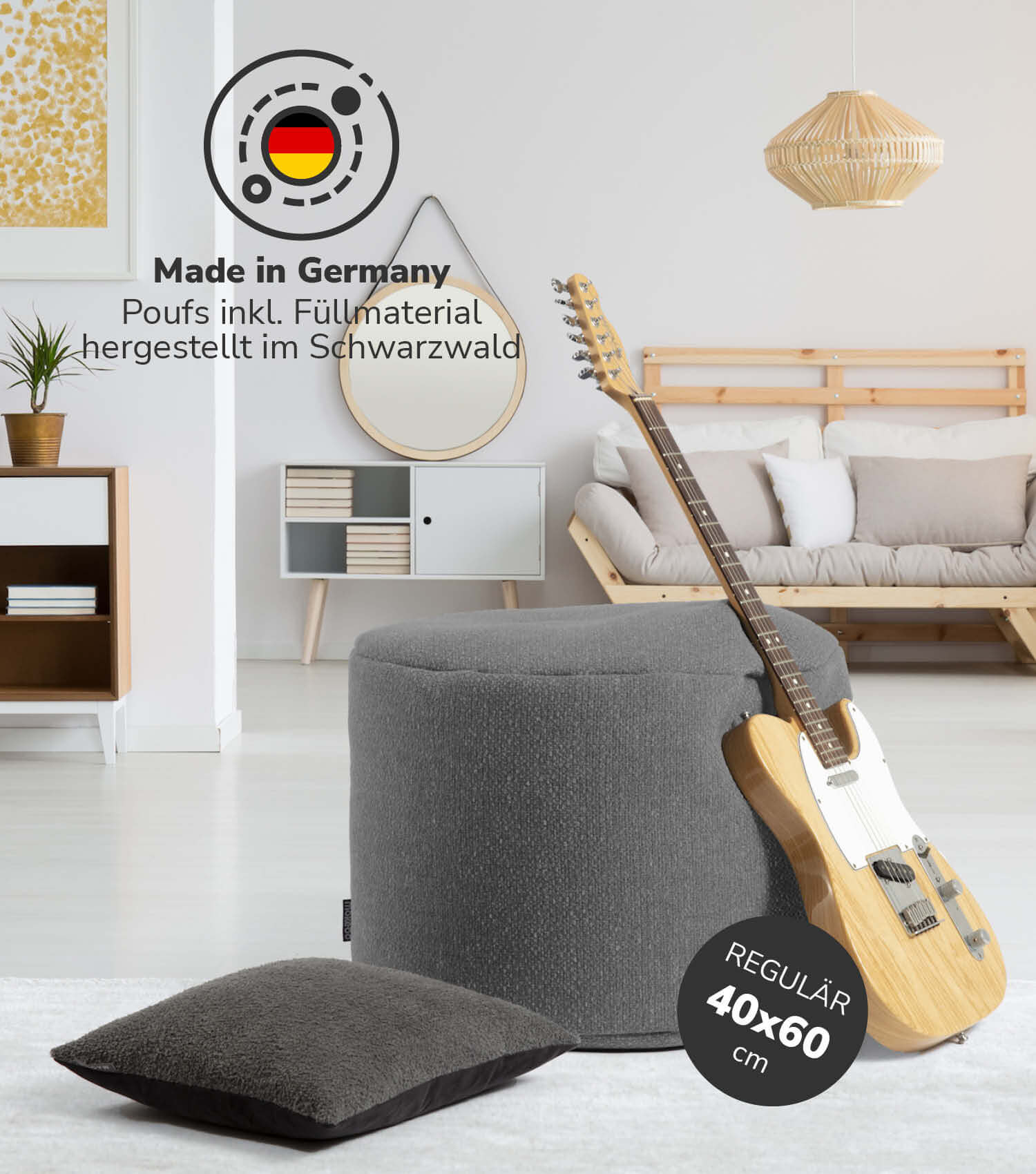 Pouf intérieur rond repose-pieds coussin de sol 'Der Ruhepouf' gris