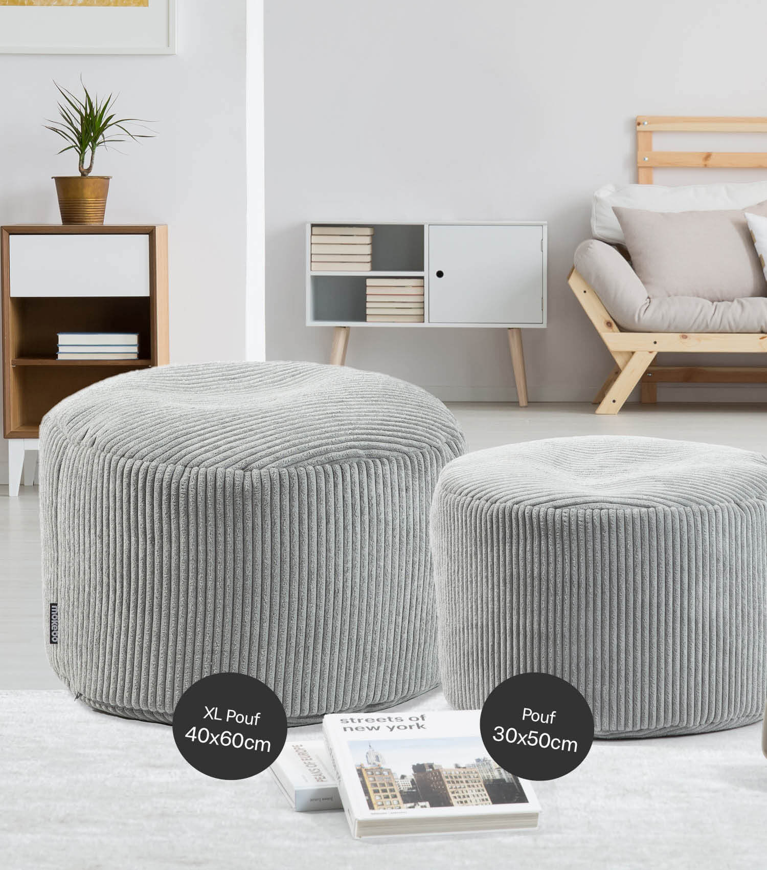 Pouf gris, tabouret de rangement, repose-pieds, table d'appoint