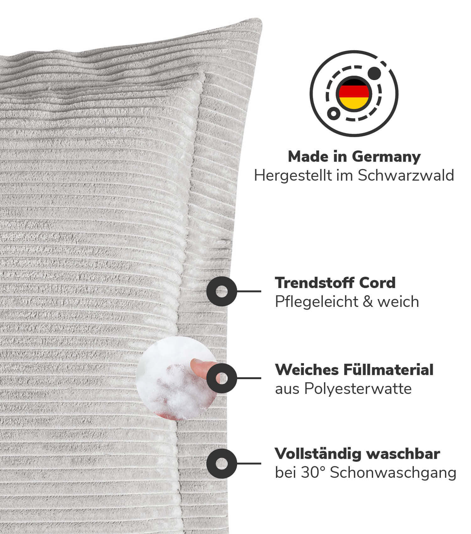 Coussin de canapé gris en velours côtelé