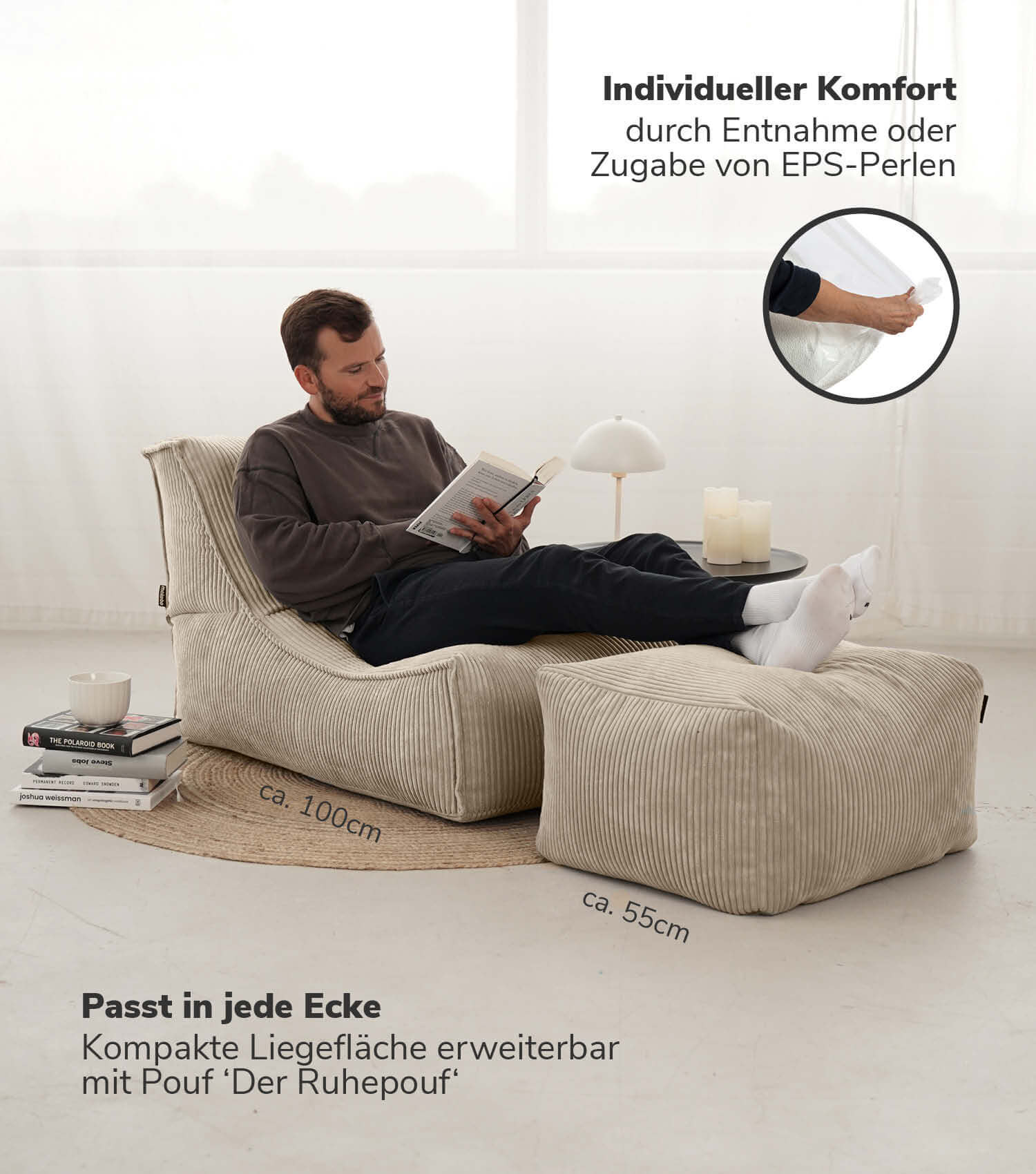 Pouf géant XXL + repose-pieds pour enfants et adultes avec remplissage 'Der Gelassene'