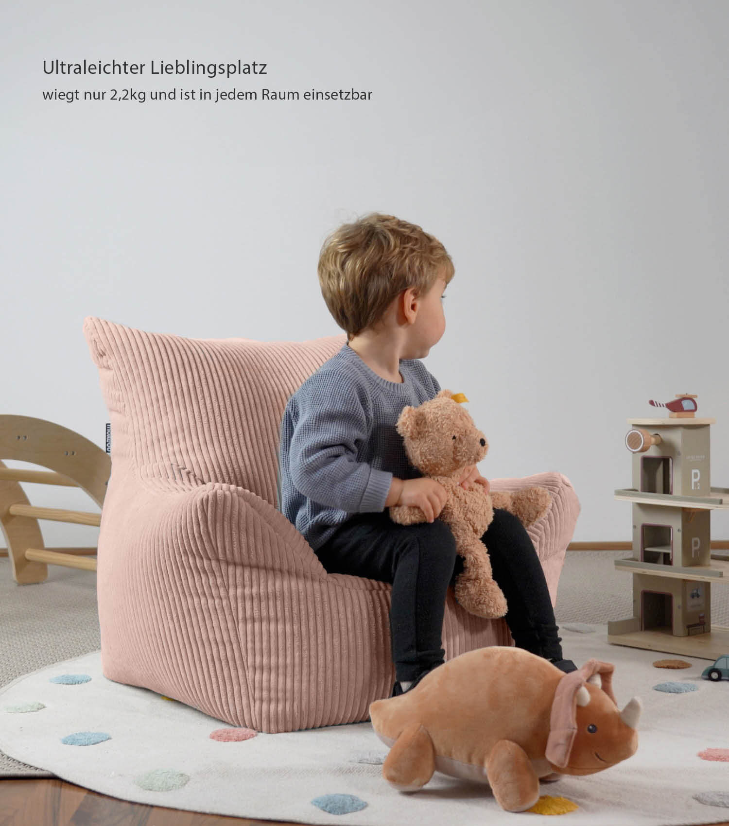 Fauteuil pouf enfant en velours côtelé rose, coussin de sol pour enfant