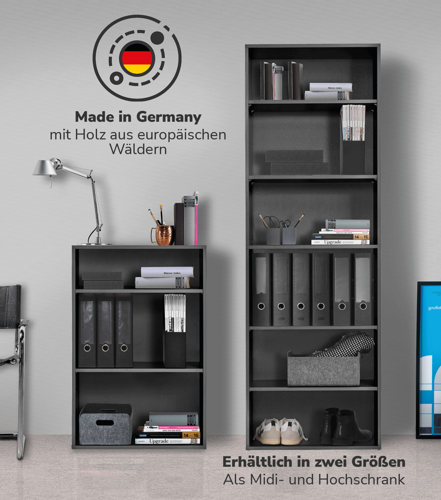 Étagère haute en bois ‘Der Bücherwurm’ rangement mural chaussures dossiers 