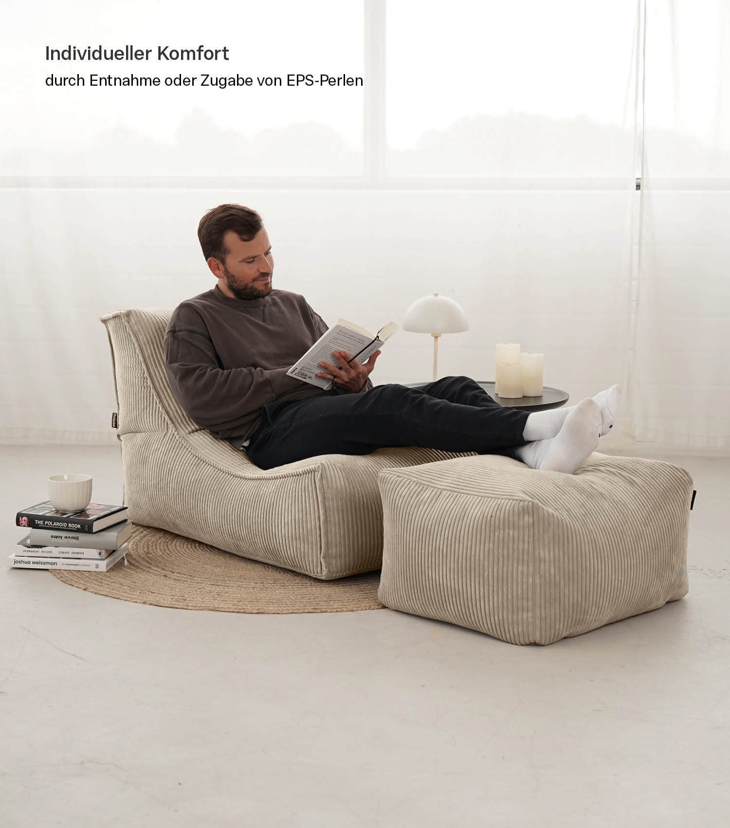 Pouf géant XXL + repose-pieds pour enfants et adultes avec rembourrage 'Der Gelassene'