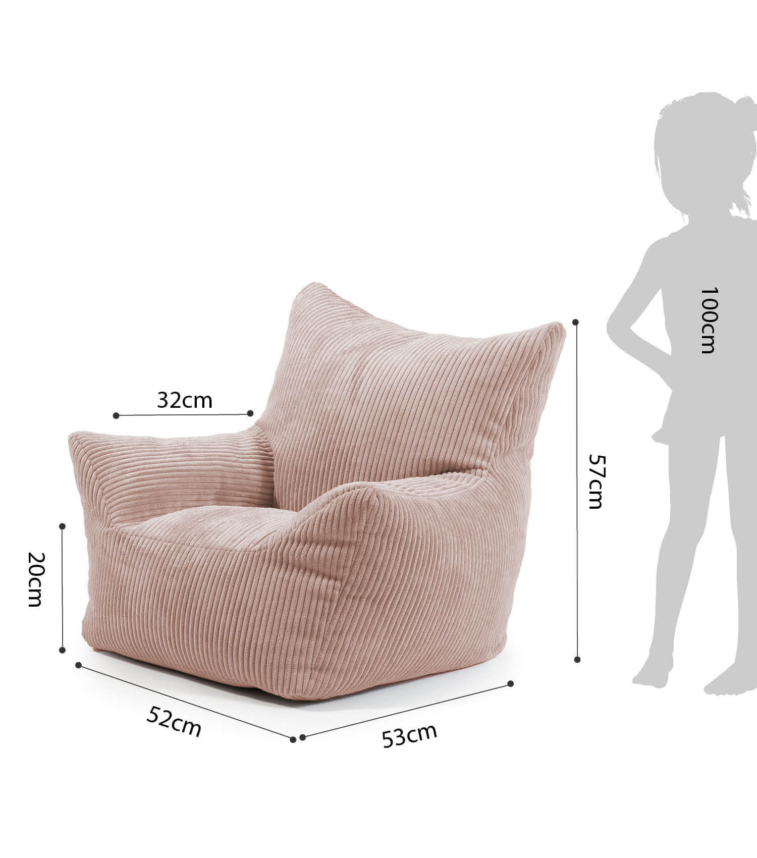 Fauteuil pouf enfant en velours côtelé rose, coussin de sol pour enfant