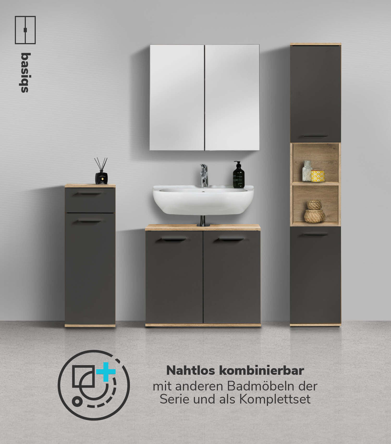 Meuble sous-lavabo blanc, vasque bois clair, salle de bain