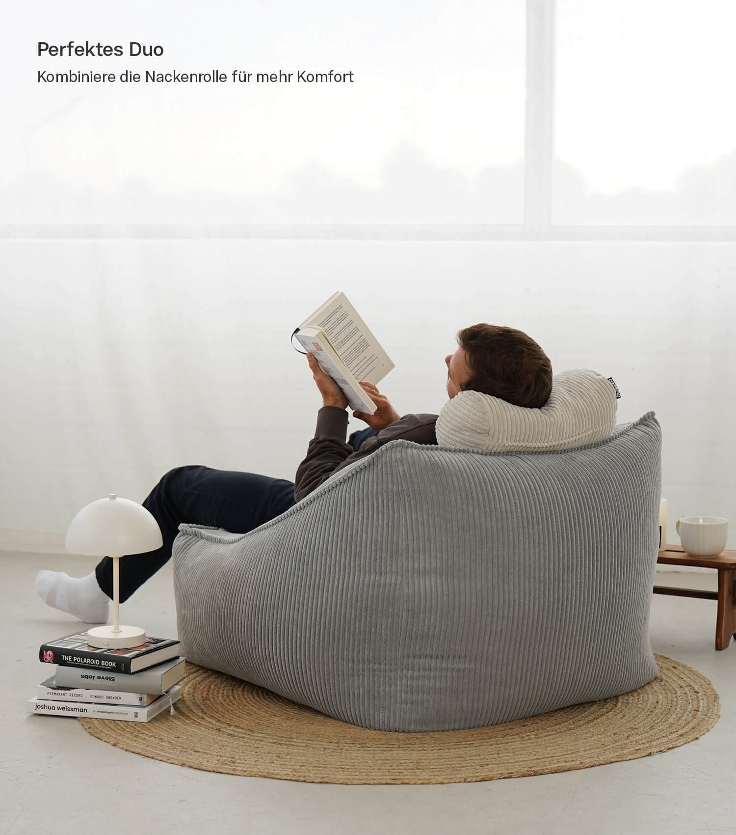 Fauteuil Cord XXL sac à billes avec accoudoirs, coloris gris