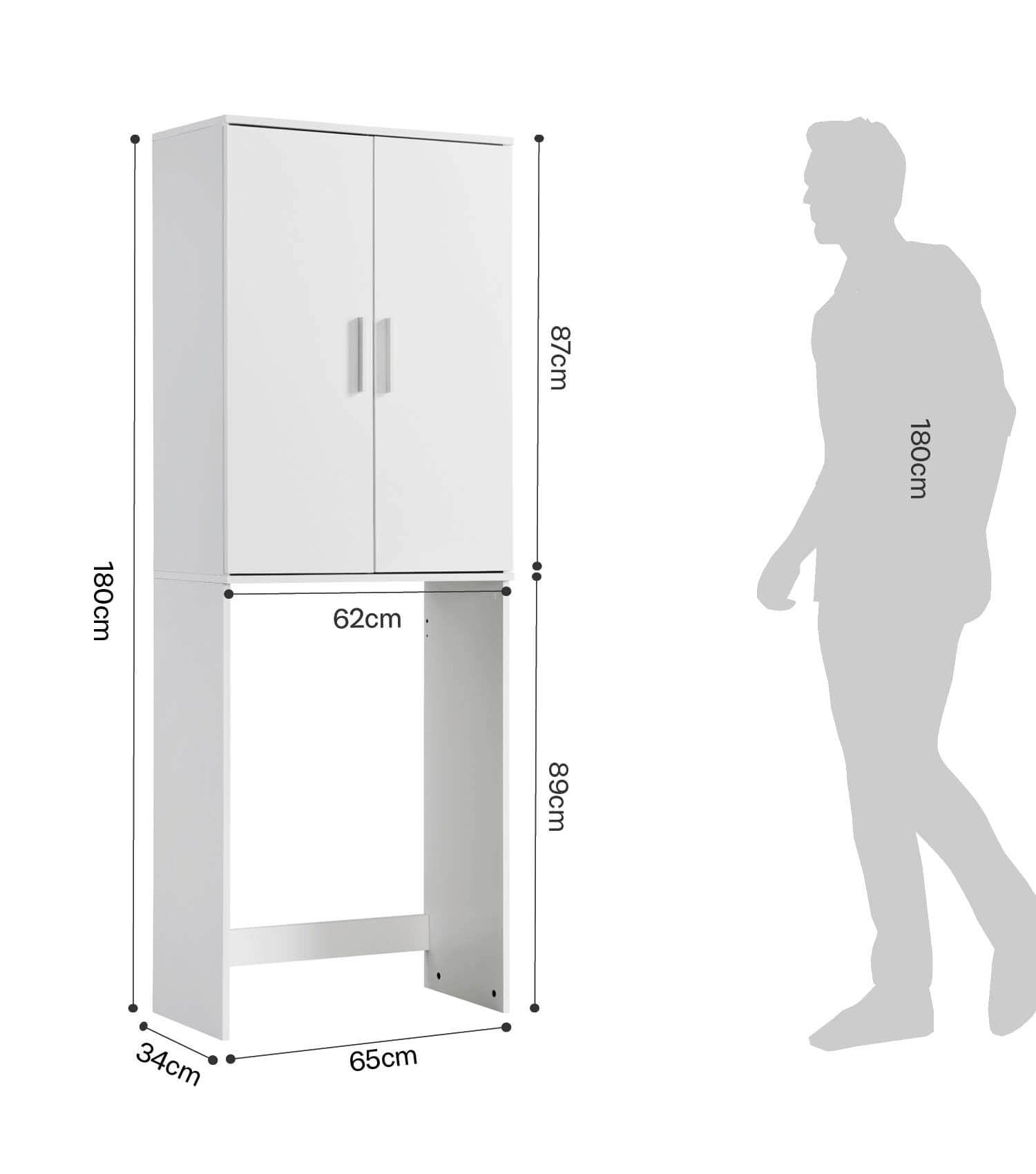 Meuble lave-linge avec surmeuble, étagère au-dessus de toilettes, rangement de salle de bain