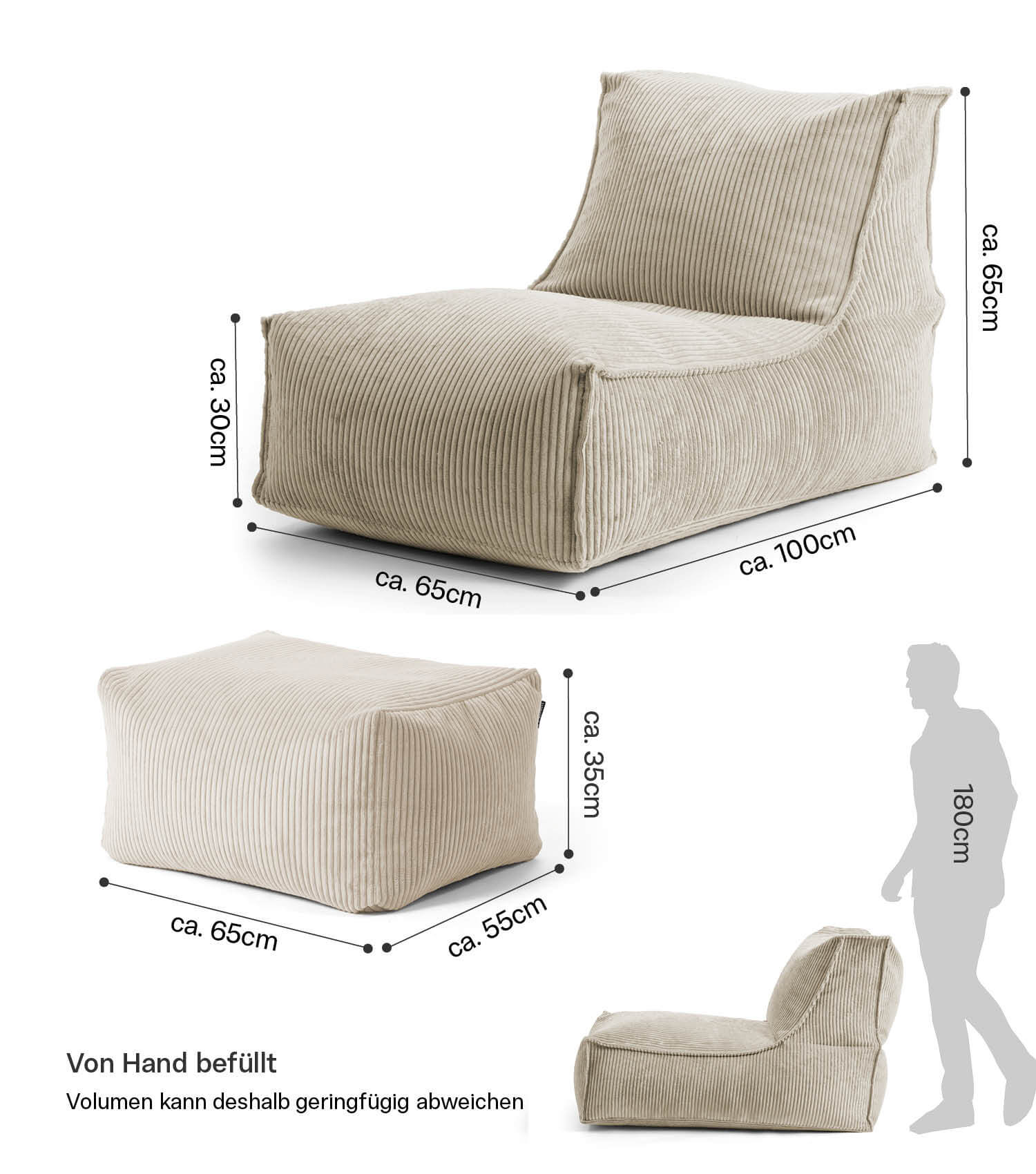 Pouf géant XXL + repose-pieds pour enfants & adultes avec remplissage 'Der Gelassene'
