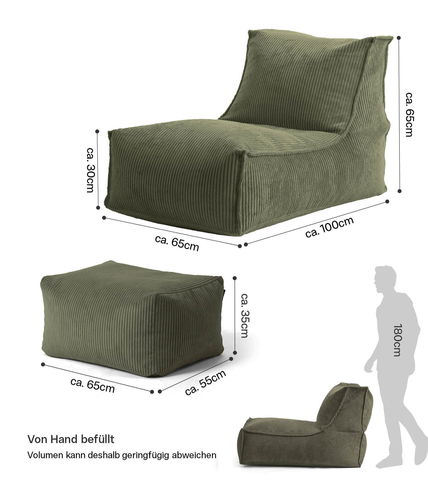 Pouf géant XXL + repose-pieds pour enfants et adultes avec rembourrage 'Der Gelassene'
