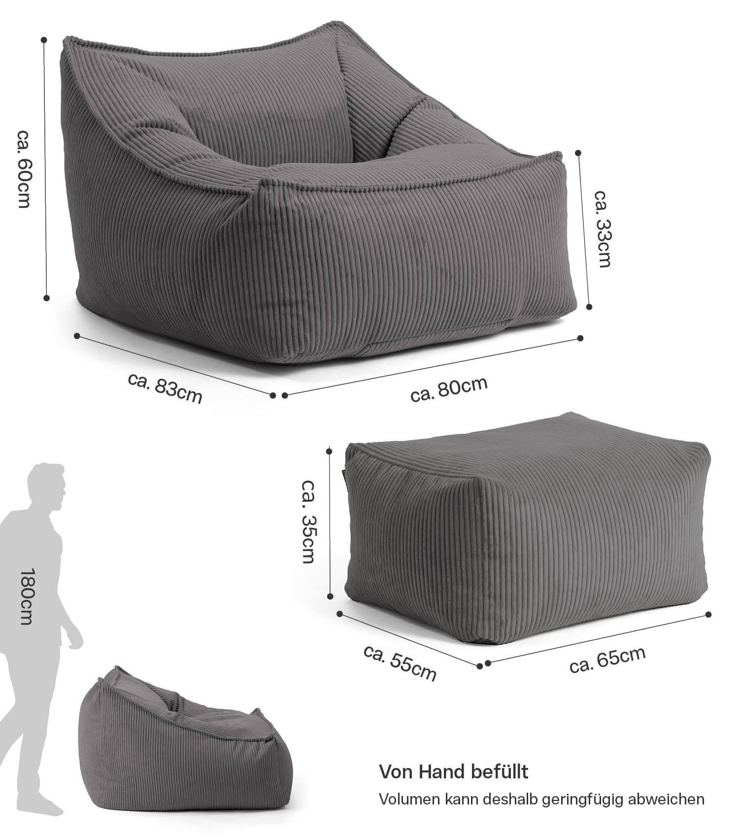 Fauteuil Cord XXL pouf avec accoudoirs gris anthracite